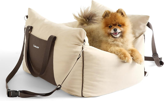 Lesure Small Dog Car Seat for Small Dogs - Dog Booster Seat for Car with Waterproof Bottom, Clip-On Safety Leash and Thickened Memory Foam Filling, Pet Carseat Puppy Travel Carrier Bed, Beige