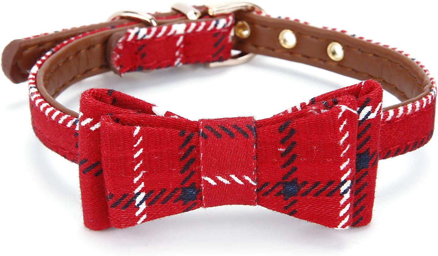 Puppy Collars for Small Dogs - StrawberryEC Adjustable Puppy Id Buckle Collar Leather. Cute Plaid Bandana Dog Collar (Bow-Red Grid)