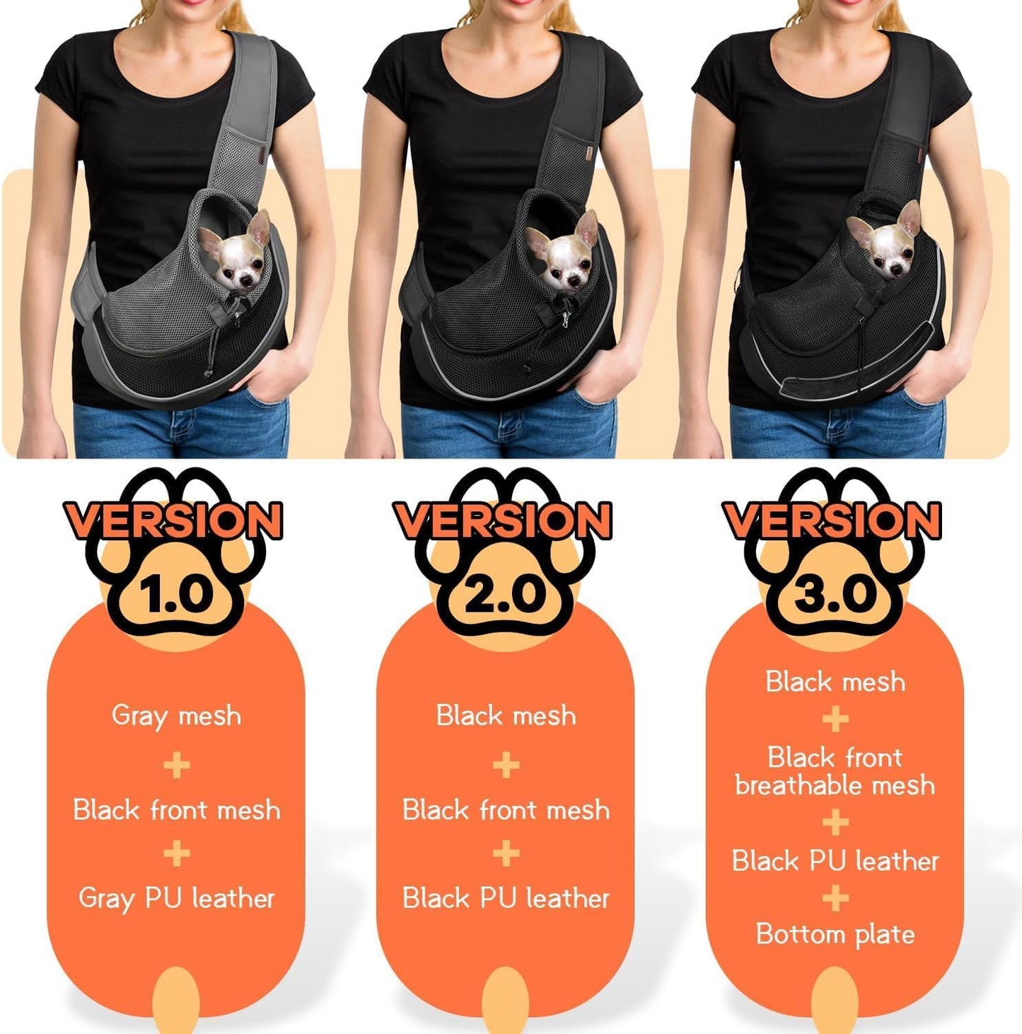 YUDODO Pet Sling Carrier for Small Dogs & Cats – Hands-Free Puppy Carrier with Safety Hook, Large Zipper Pocket, Soft Breathable Mesh, Adjustable Strap & Reflective Strip (Black 3.0 S)