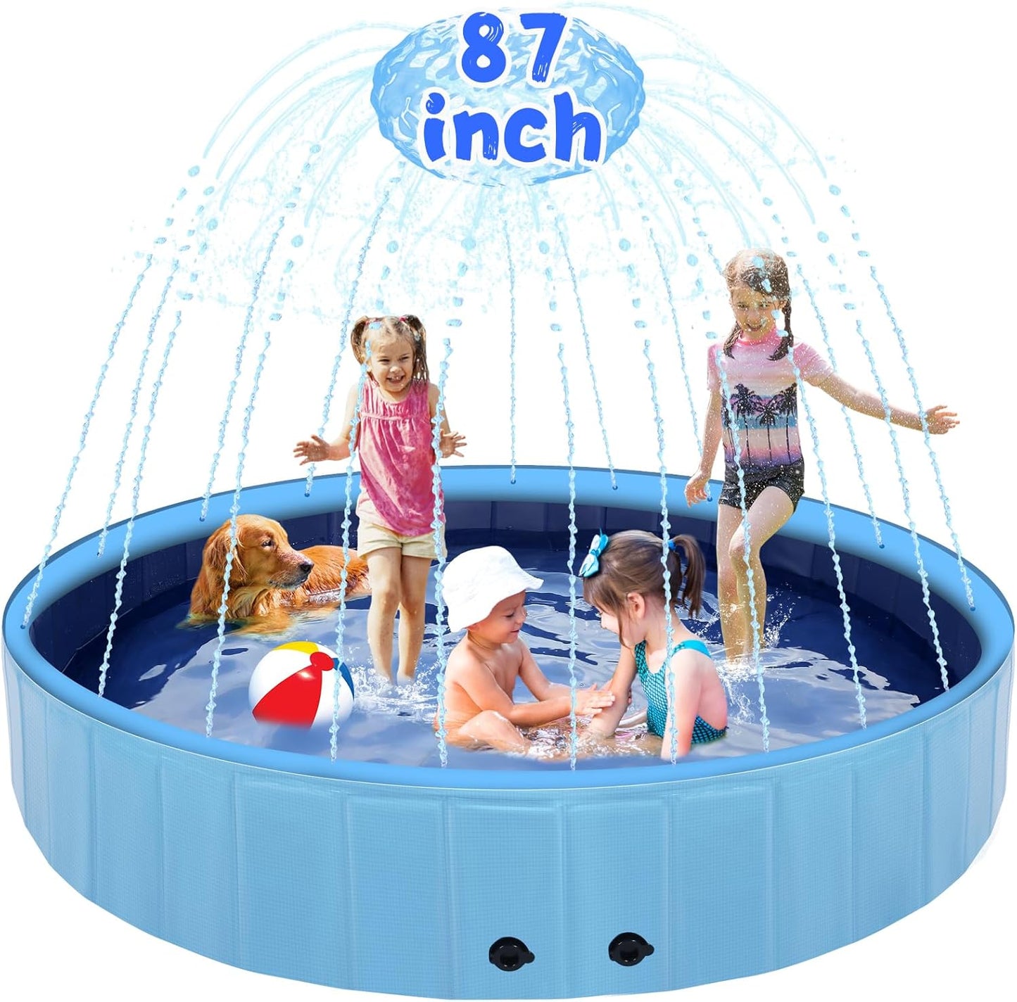 87" Large Dog Pool with Sprinkler, 2-in-1 Foldable Swimming Pool Non-Slip Hard Plastic Splash Sprinkler Kiddie Pool for Outdoor Backyard Kids Dogs Ducks and Pet Baths