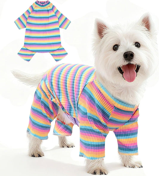 BAEJMJK Striped Dog Pajamas Stretchy Cute Four-Legged Boy Girl Dog Clothes with Sleeves Comfortable Dogs Jumpsuit Colorful Pet Puppy Outfits Apparel for Small Medium Dogs Cats(Pink,Pink,XX-Large)