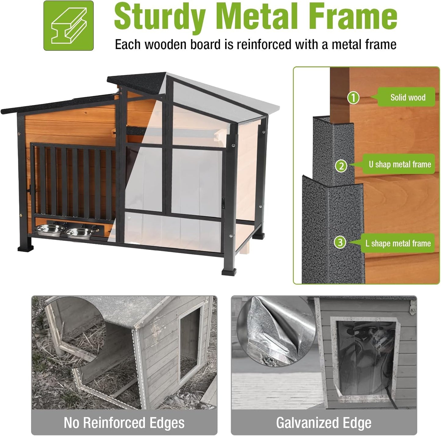 GUTINNEEN Dog House Outdoor Dog Kennel with Chew-Proof Metal Frame, Rotating Food Bowl, PVC Door Curtain, Weatherproof for Small Medium Dogs, 39.7" L x 25.5" W x 32.2" H (Dark Brown)