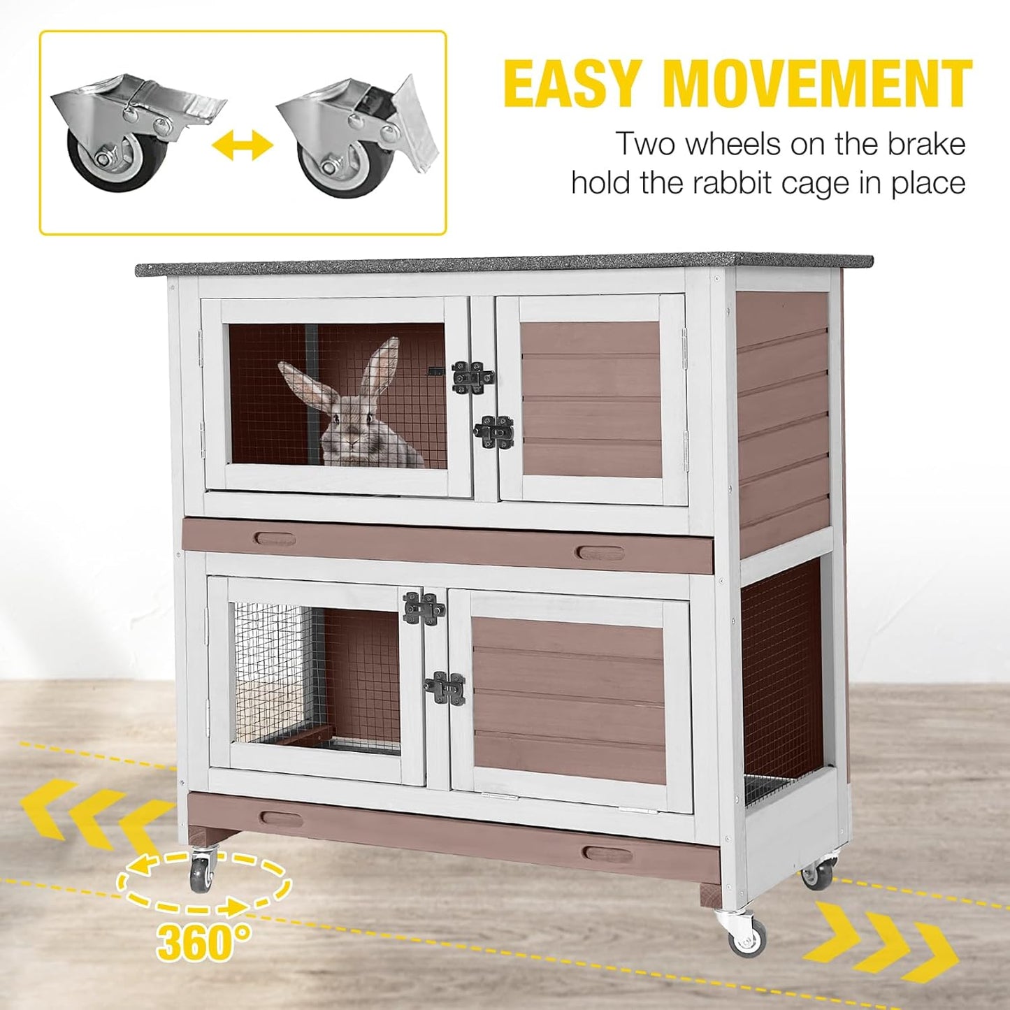 Aivituvin Rabbit Hutch Indoor Bunny Cage Outdoor 2 Story Pet House Guinea Pig Cage on Wheels 36" (Brown)