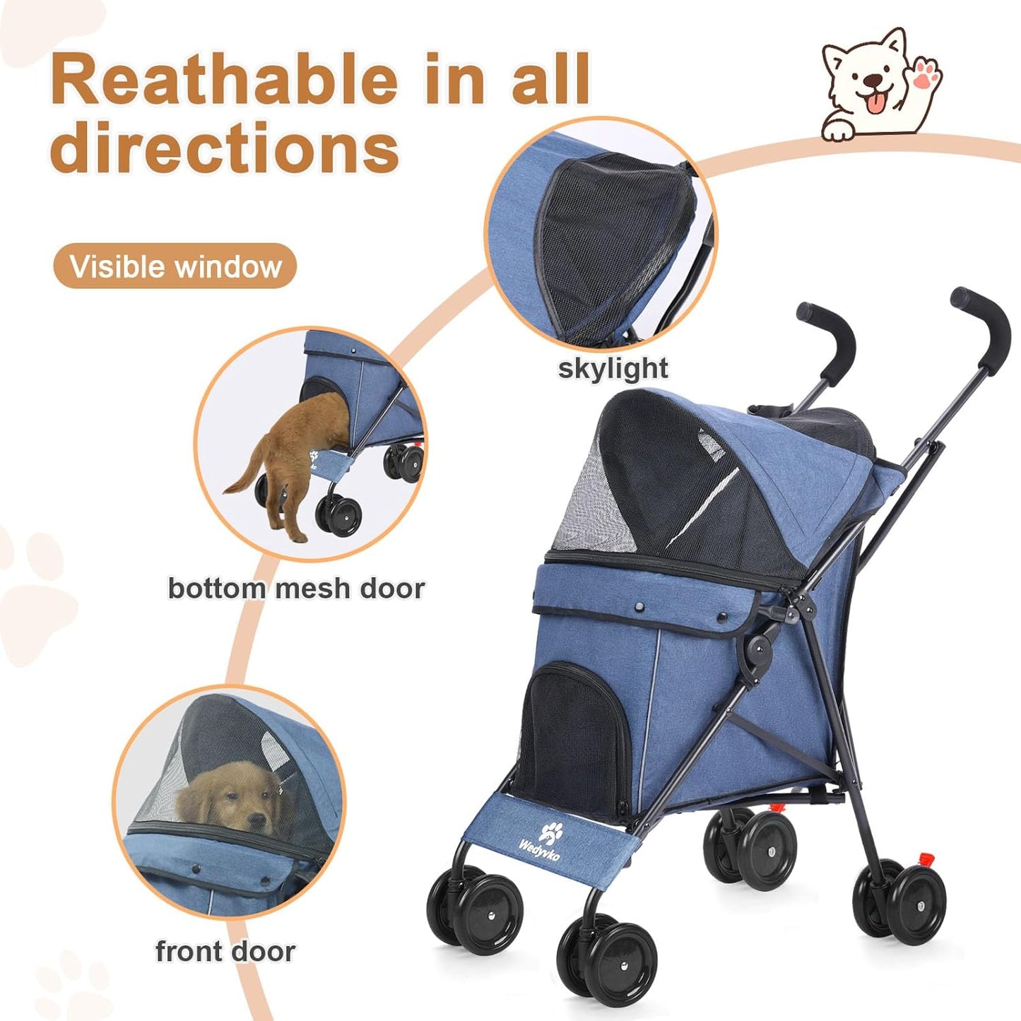 Wedyvko Travel Portable Dog Stroller, Pet Stroller for Small Puppy Dogs & Cats, Up to 33 lbs, Navy Blue