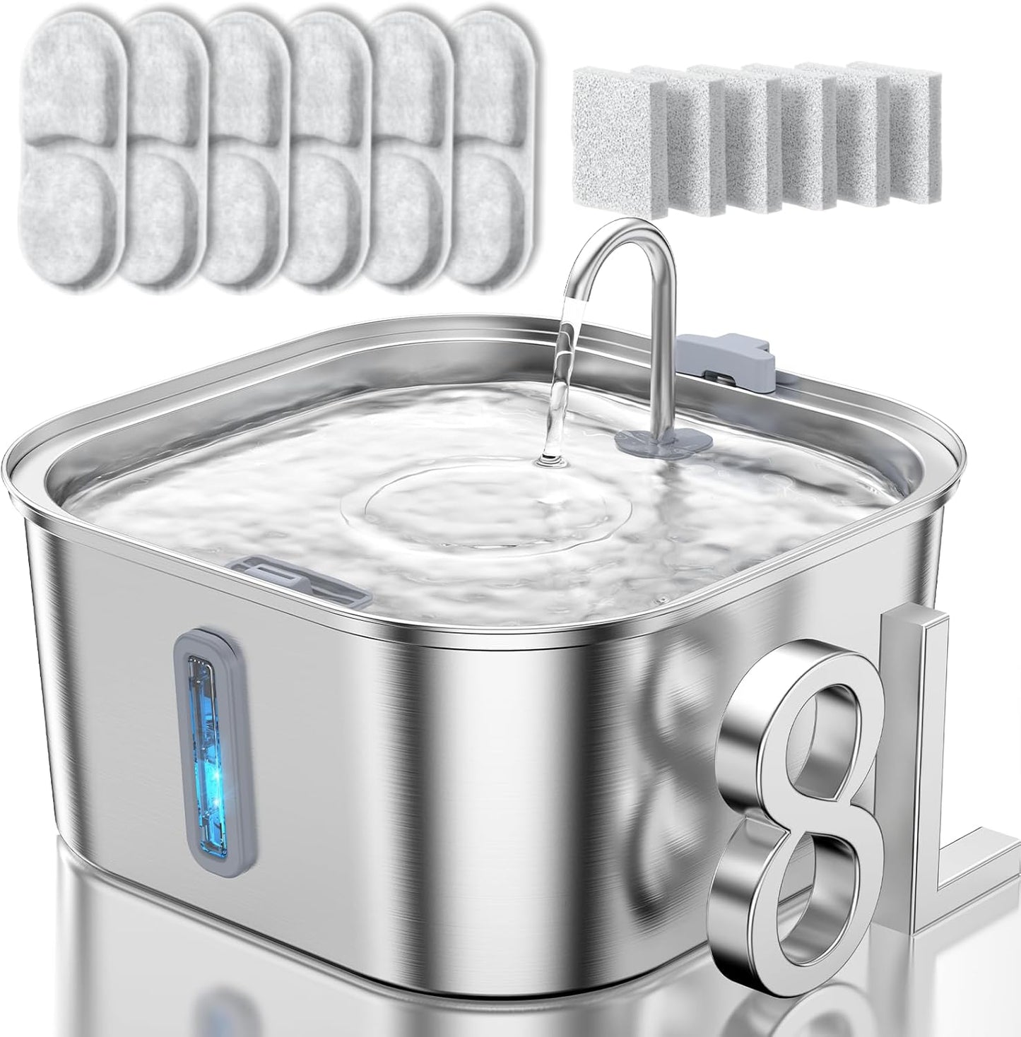 Dog Water Fountain for Large Dogs, 8L/2.1Gal Stainless Steel Pet Water Fountain with Water Level Window, Automatic Dog Water Bowl Dispenser for S-L Dogs and Multi-Pets (with 6pcs Filters)