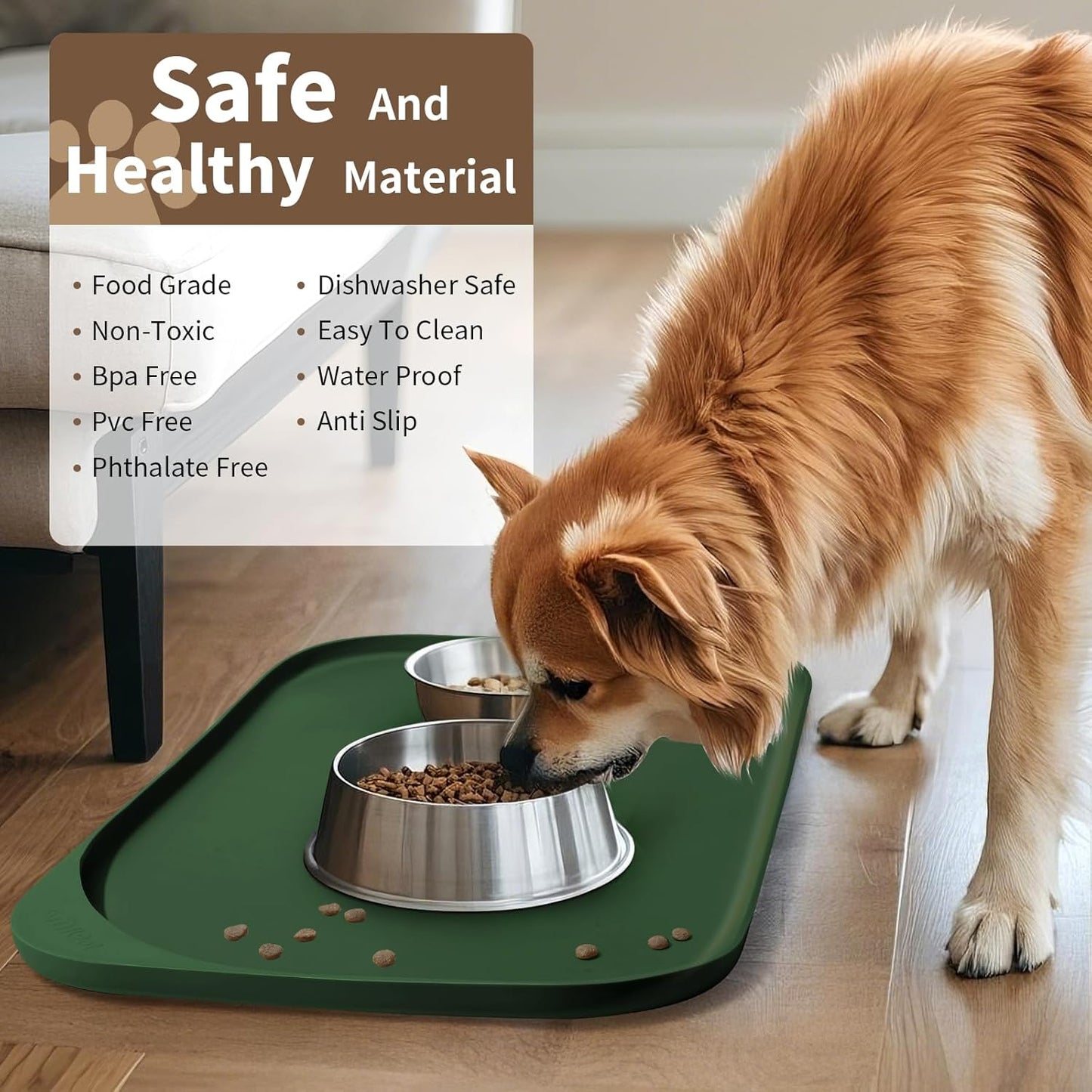 Silicone Pet Feeding Mat with Raised Edge & Residue Collection Pocket for Food and Water, Dog Bowl Mats, Cat Bowls Placemat with High Lip for Floor Waterproof, 22 x 14 x 0.8 Dark Olive