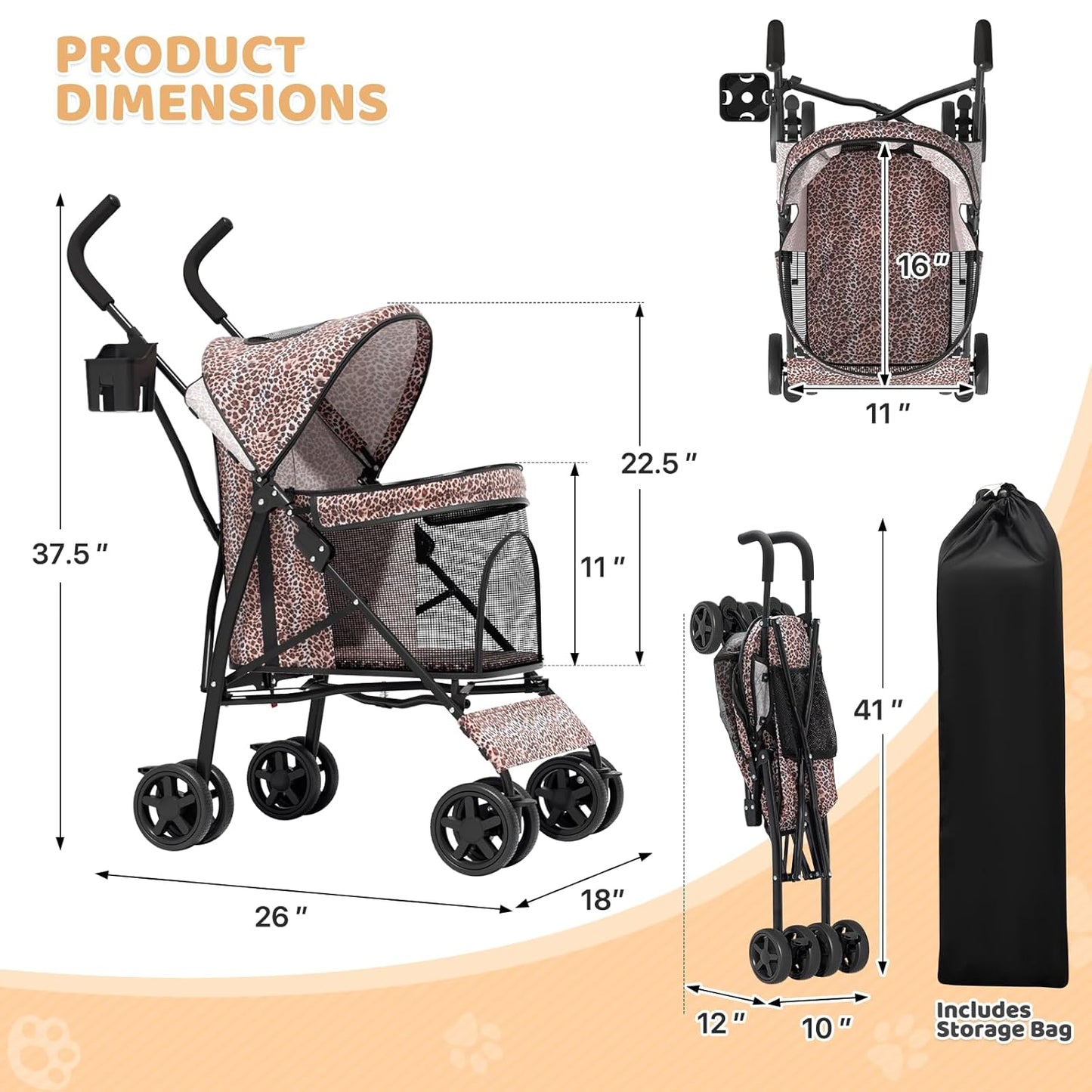 Magshion Compact Pet Stroller for Small-Medium Dogs/Cats up to 22lbs, 4-Wheel Lightweight Umbrella Shaped Portable Puppy Travel Jogger with Breathable Mesh, Cup Holder & Rear Storage, Leopard Print