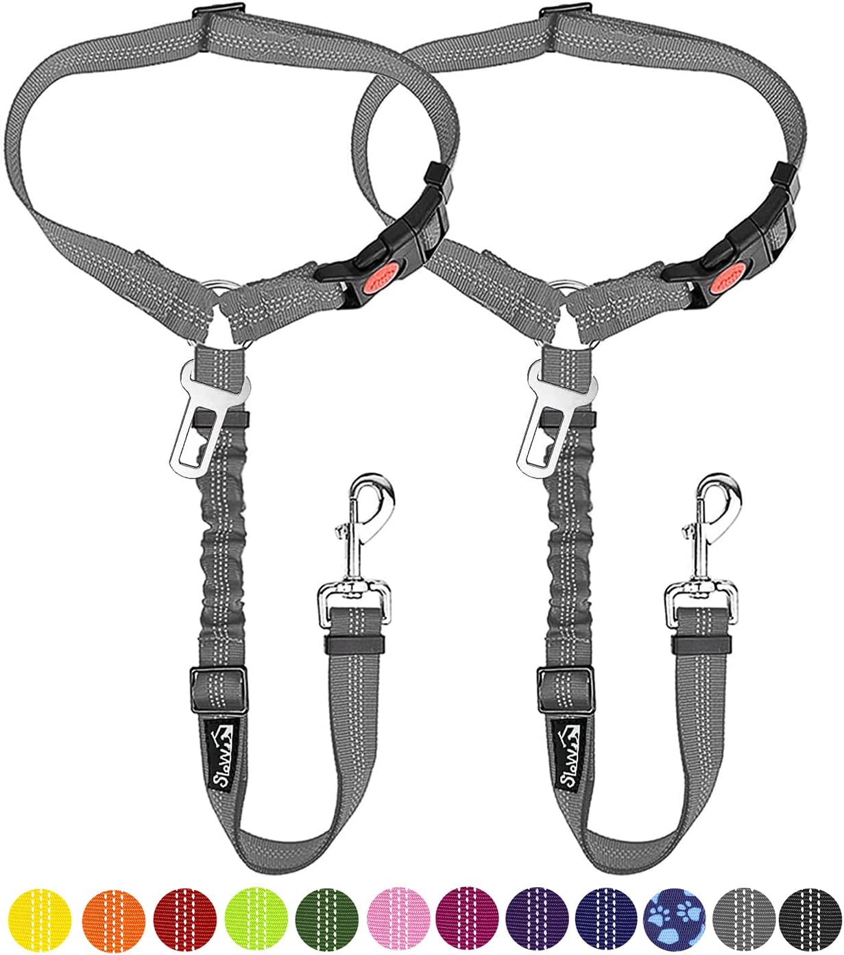 SlowTon Dog Seat Belt for Car, 2 Pack Dog Car Harness Seatbelt Adjustable with Elastic Bungee Buffer, 2 in 1 Pet Car Leash Headrest Restraint Dog Reflective Safety Tether (Grey, Headrest+Clip)