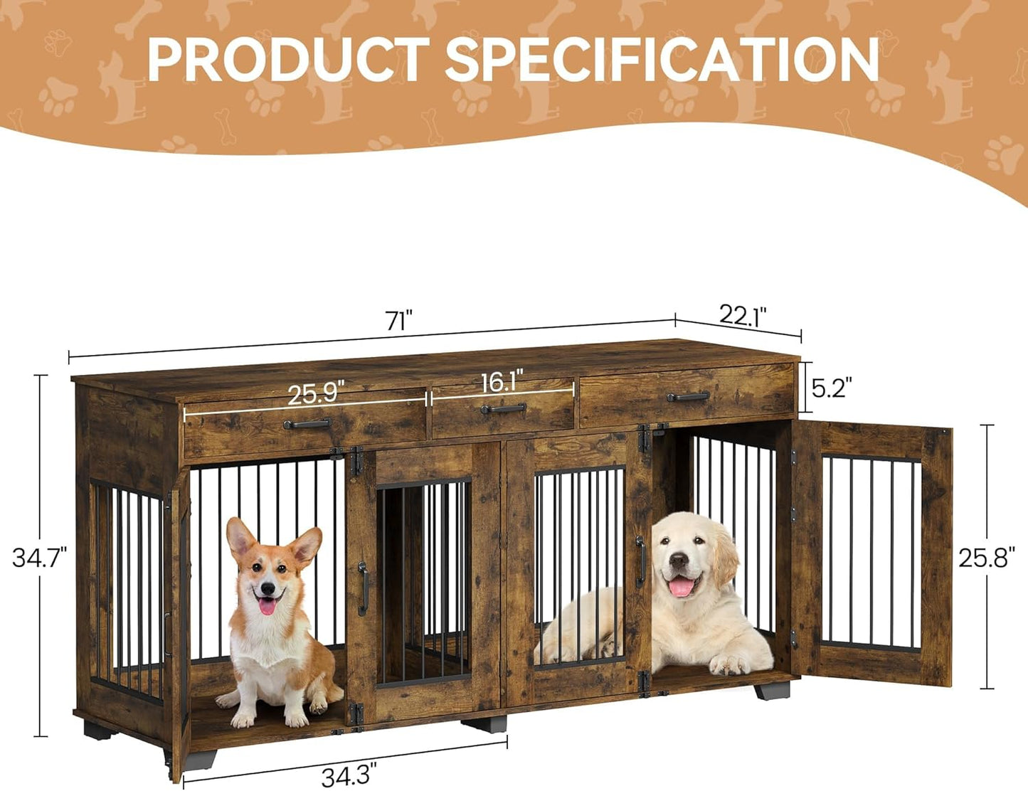 Dog Crate Furniture for 2 Dogs, 71 in XXL Indoor Dog Kennel with 3 Drawers and Removable Room Divider, Wooden Double Dog Crate TV Stand End Table with Double Doors for Large Medium Dogs, Rustic Brown