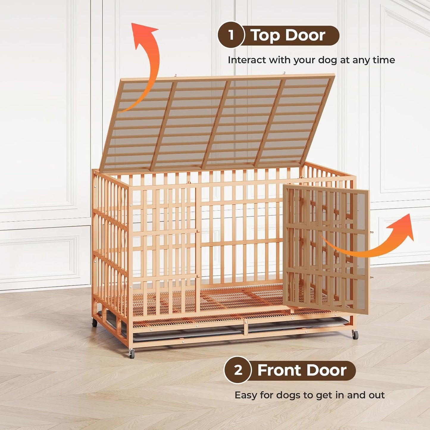 48IN Heavy Duty Dog Crate Steel Escape Proof, Indoor Double Door High Anxiety Cage Removable Tray, Extra Large,Orange