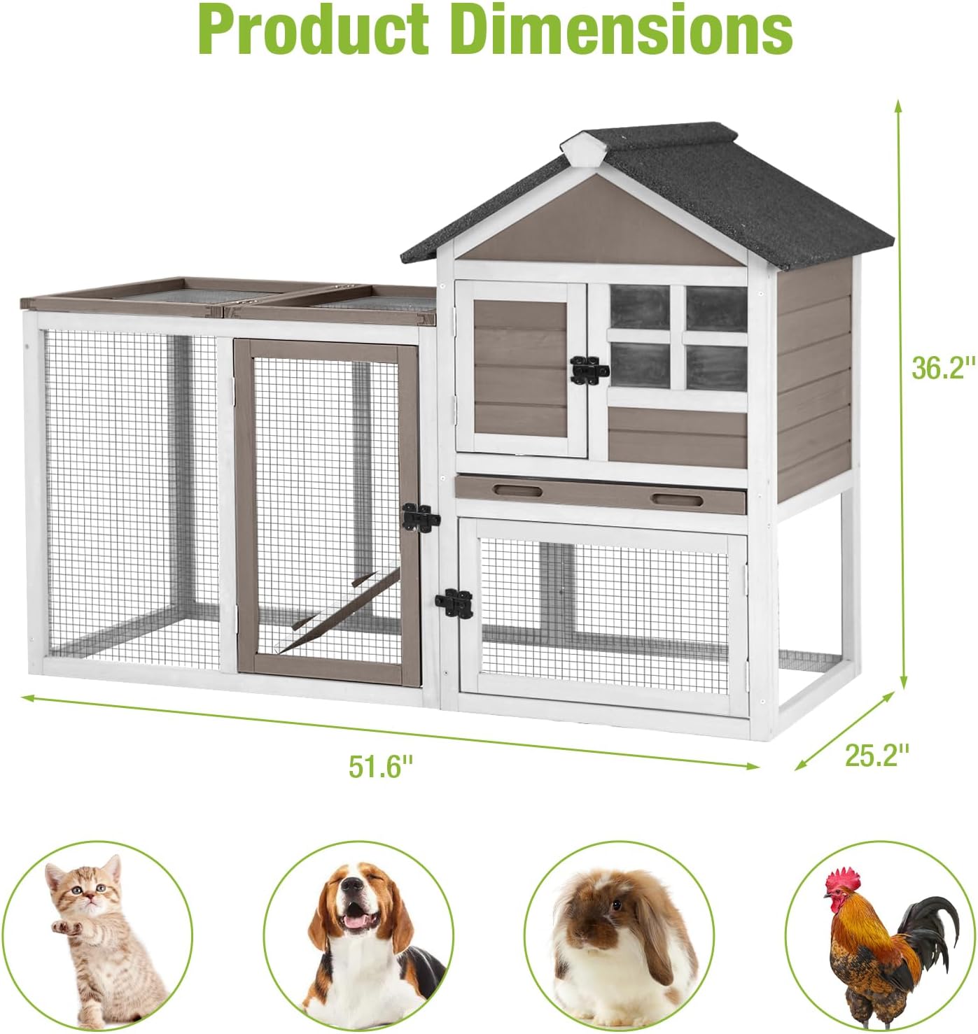 GUTINNEEN Rabbit Hutch Indoor Chicken Coop Outdoor, 51.6''L 2 Story Bunny Cage Weatherproof, Guinea Pig House with Run (Brown)
