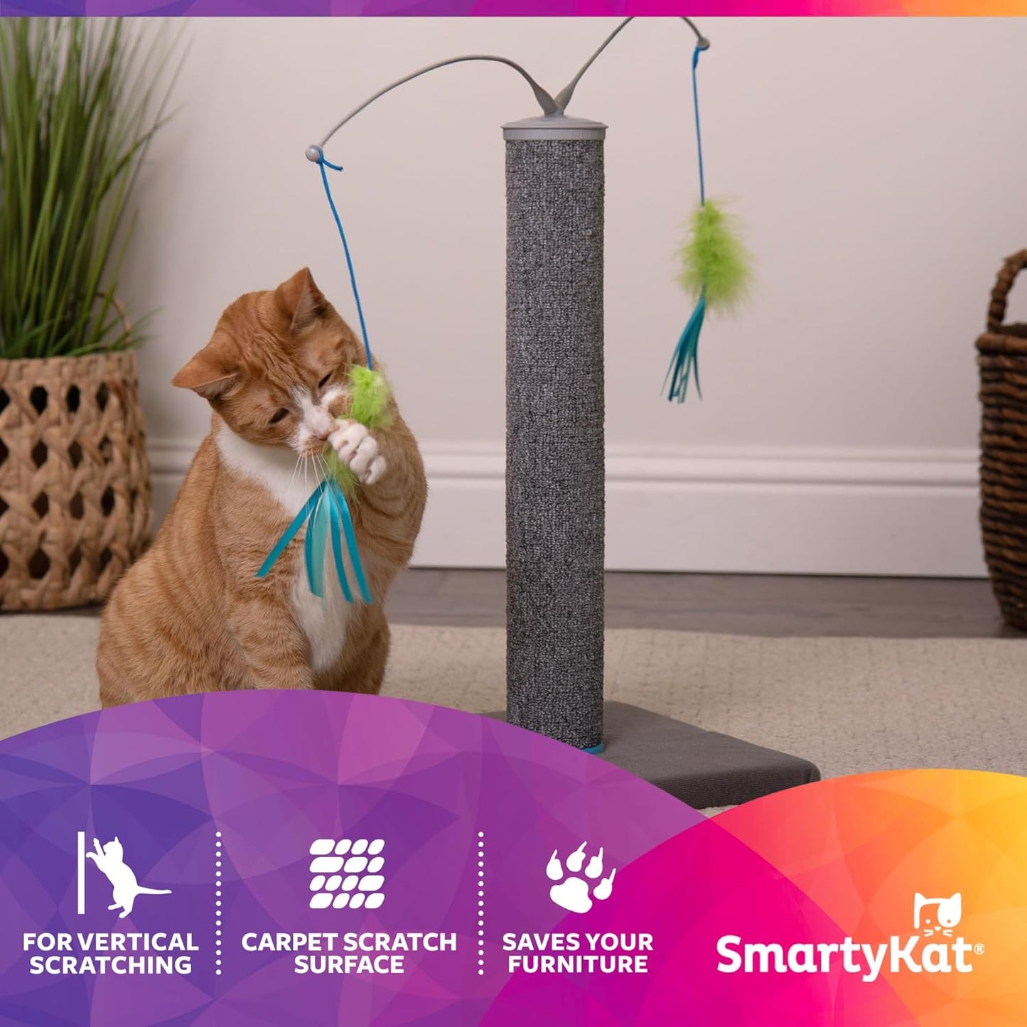 SmartyKat Scratch 'N Spin Carpet Cat Scratching Post with 2 Spinning Wand Toys, Plus 2 Replacement Wands - Gray & Blue