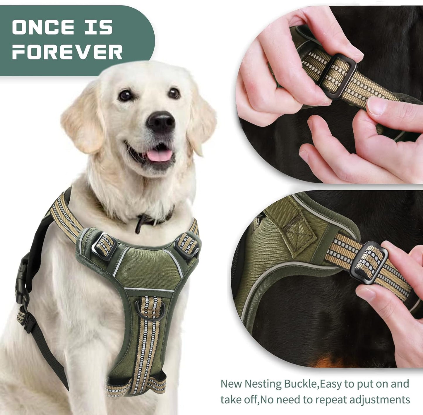 No Pull Dog Harness for Medium Dogs, Adjustable No Choke Pet Vest with Dog Leash Fit Smart Reflective Pet Walking Harness for Training Easy Control Soft Handle Green M
