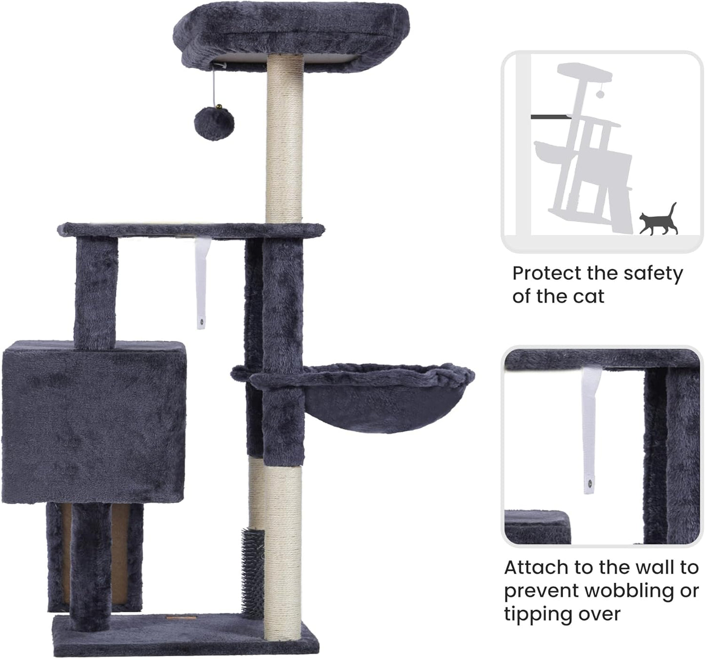 Heybly Cat Tree with Cat Self Groomer Brush, Cat Tower Condo for Indoor Cats with Padded Plush Perch, Cat House with Basket Scratching Board Post, Smoky Gray HCT005SG