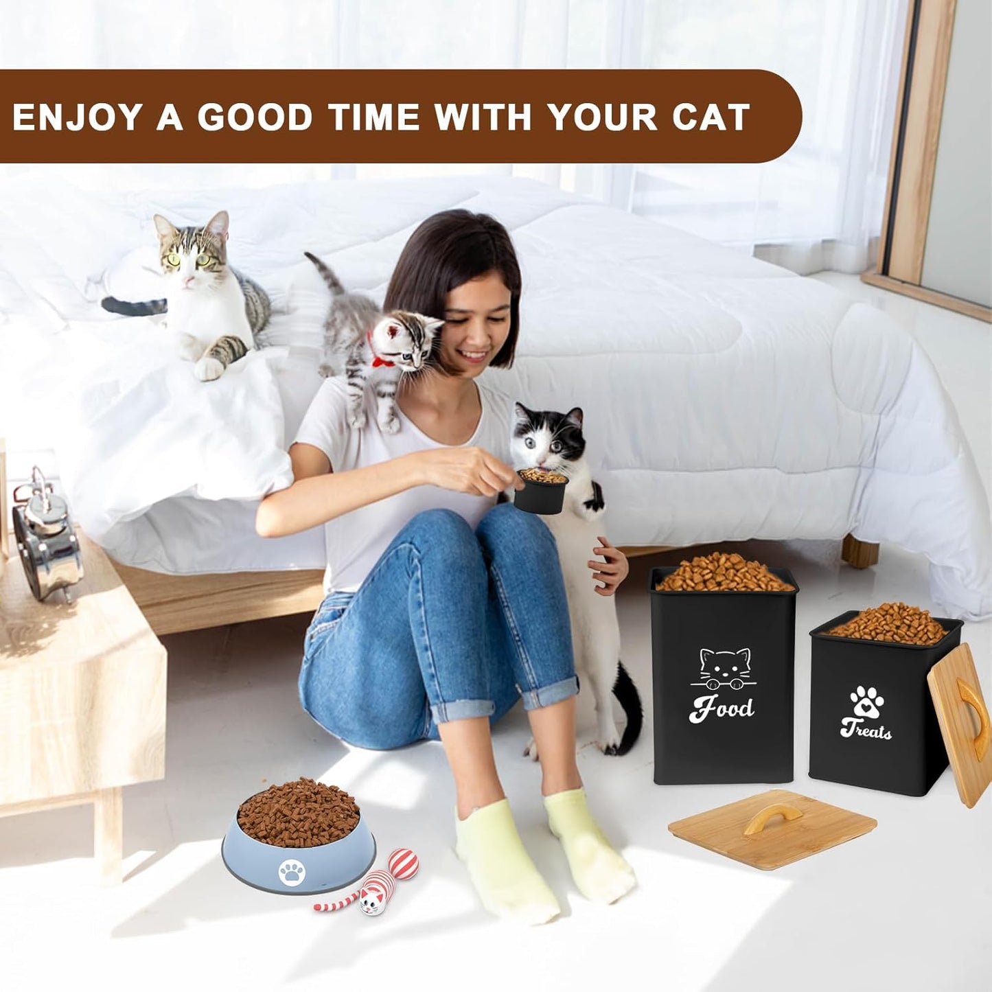 Cat Food Storage Container with Scoop, 2PCS Cat Food Storage Container with Lids Airtight, Cat Treat Jars for Kitchen Counter-7+3Lbs, Cat Cookie Jar for Storage, Black