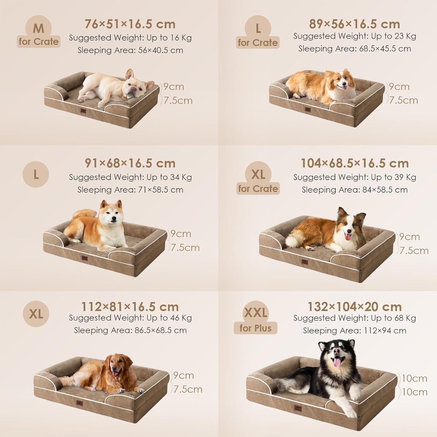 EHEYCIGA Orthopedic Dog Bed for Medium Dogs, Waterproof Memory Foam Medium Dog Beds with Sides, Non-Slip Bottom and Egg-Crate Foam Pet Couch Bed with Washable Removable Cover, Beige