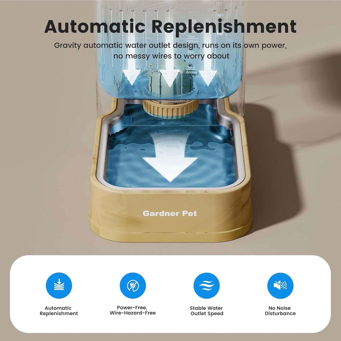 Gardner Pet Automatic Dog Water Dispenser Gravity Waterer with Stainless Steel Bowl Water Dispenser 6.5L Large Capacity Water Feeder for Dogs Cats Pets, BPA-Free Noise-Free (Light Brown, 6.5L)