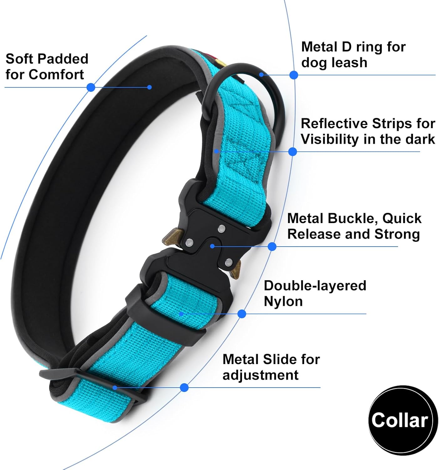 Plutus Pet Tactical Dog Collar, Reflective, Adjustable Heavy Duty Dog Collar, Soft Padded and Comfortable, for Small Medium and Large Dogs (Cyan, M)