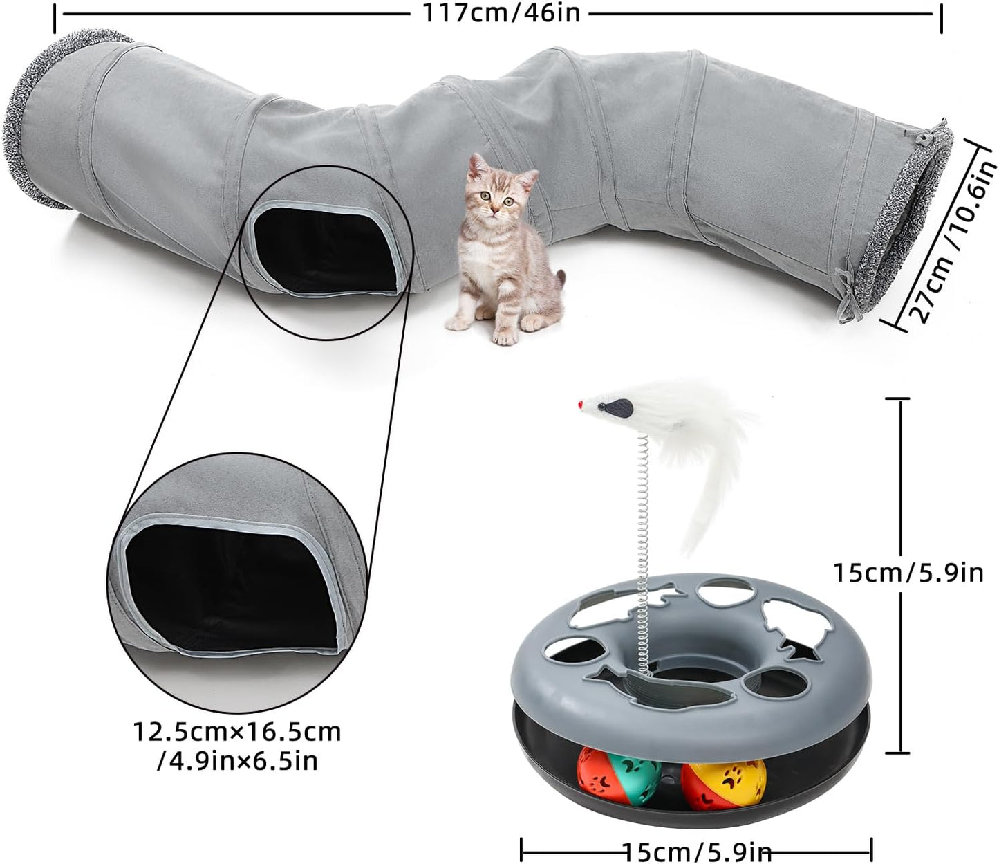 Cat Tunnel, Indoor Cat Toy, Roller Track Cat Toy, Collapsible S-Shaped Play Tube, 10.5 Inch Diameter Maze Cat House for Cats, Puppies, Rabbits, Ferrets, Cat Toy Gift Set, Grey