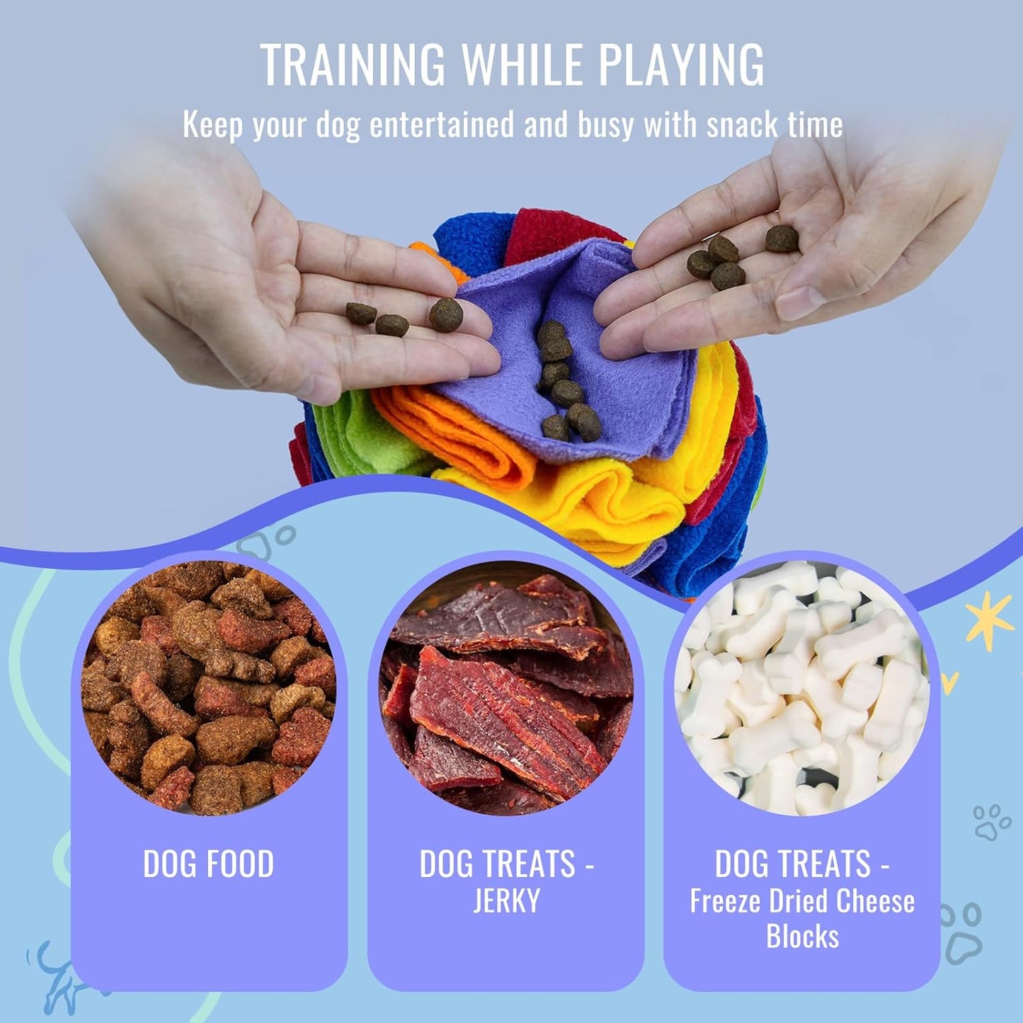 Pet Snuffle Ball, Puzzle Sniffing Interactive Dog Ball for Blind Dogs Training Stress Relief Dog Enrichment Toys Treat Machine Washable (Rainbow Color, 10cm)