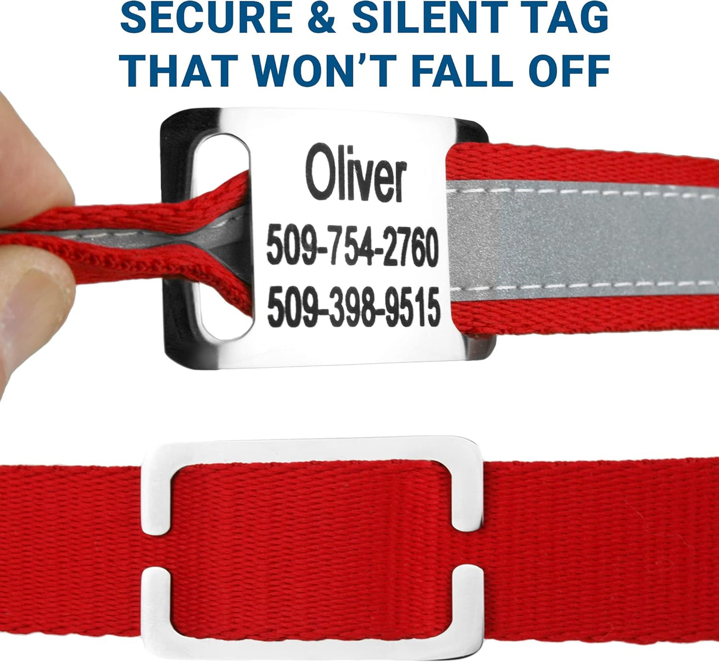 GoTags Reflective Personalized Dog Collar with Nameplate, Adjustable Dog Collar with Custom Engraved Steel Slide On Pet ID Tag, Silent, No Noise Dog Tag for Large Medium or Small (Red, Medium)