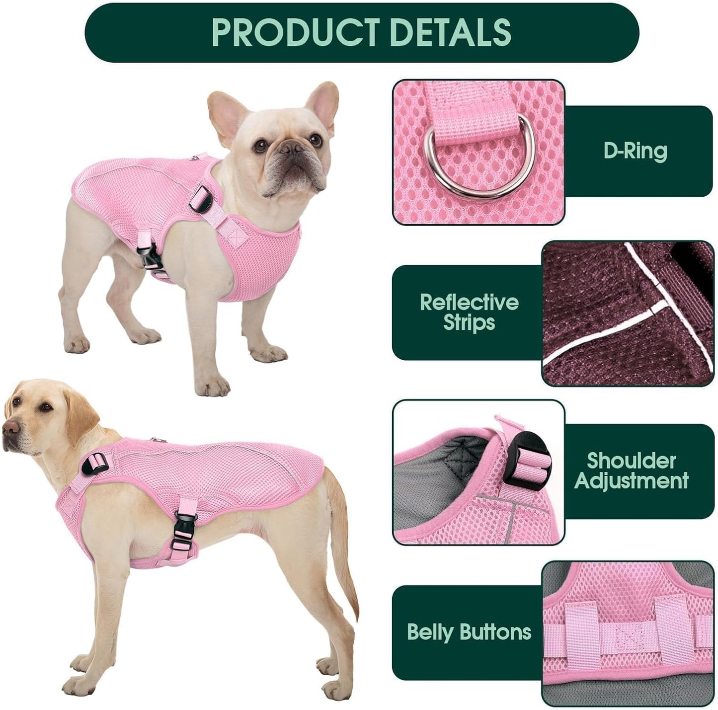 Kuoser Dog Cooling Vest, Pet Cooler Coat, Breathable Doggie Cool Jackets for Medium Dogs, Reflective Cooling Harness, Puppy Summer Essentials Pink L