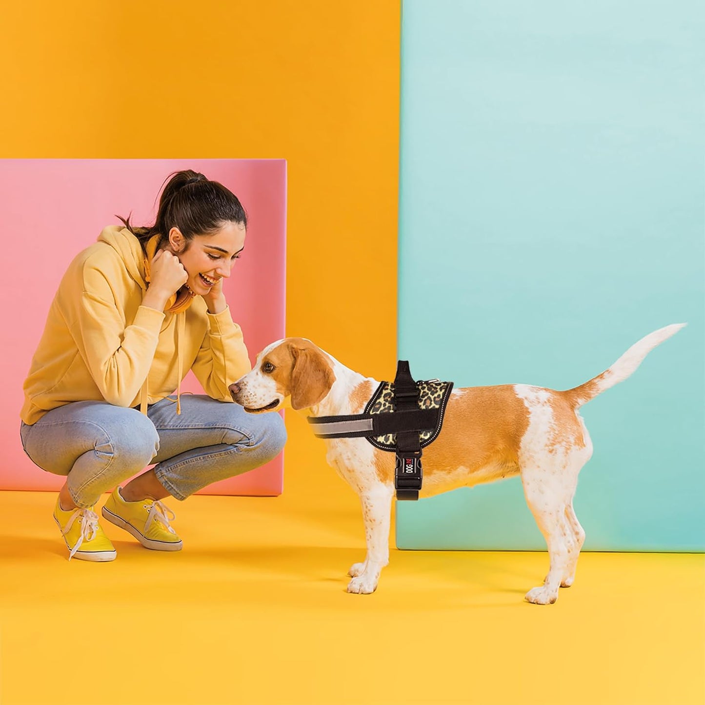 Dogline Dog Harness, Reflective No-Pull Adjustable Vest with Handle for Walking, Training, Breathable, No - Choke Harness for Small, Medium or Large Dogs Room for Patches Leopard Brown S 18"-24"