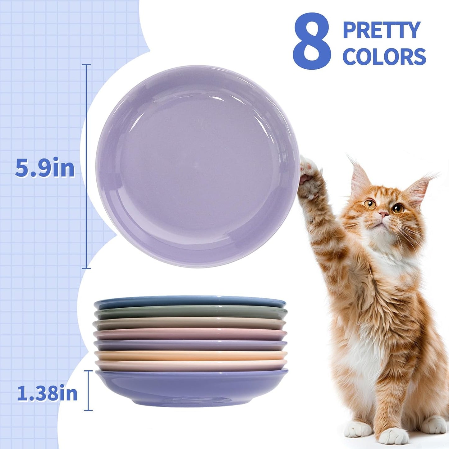 [8 Pack] Ceramic Cat Food Bowl, Colorful Cat Bowls Whisker-Friendly, 5.9" Shallow Wide Kitten Plates, Easy to Clean Indoor Feeding Dishes