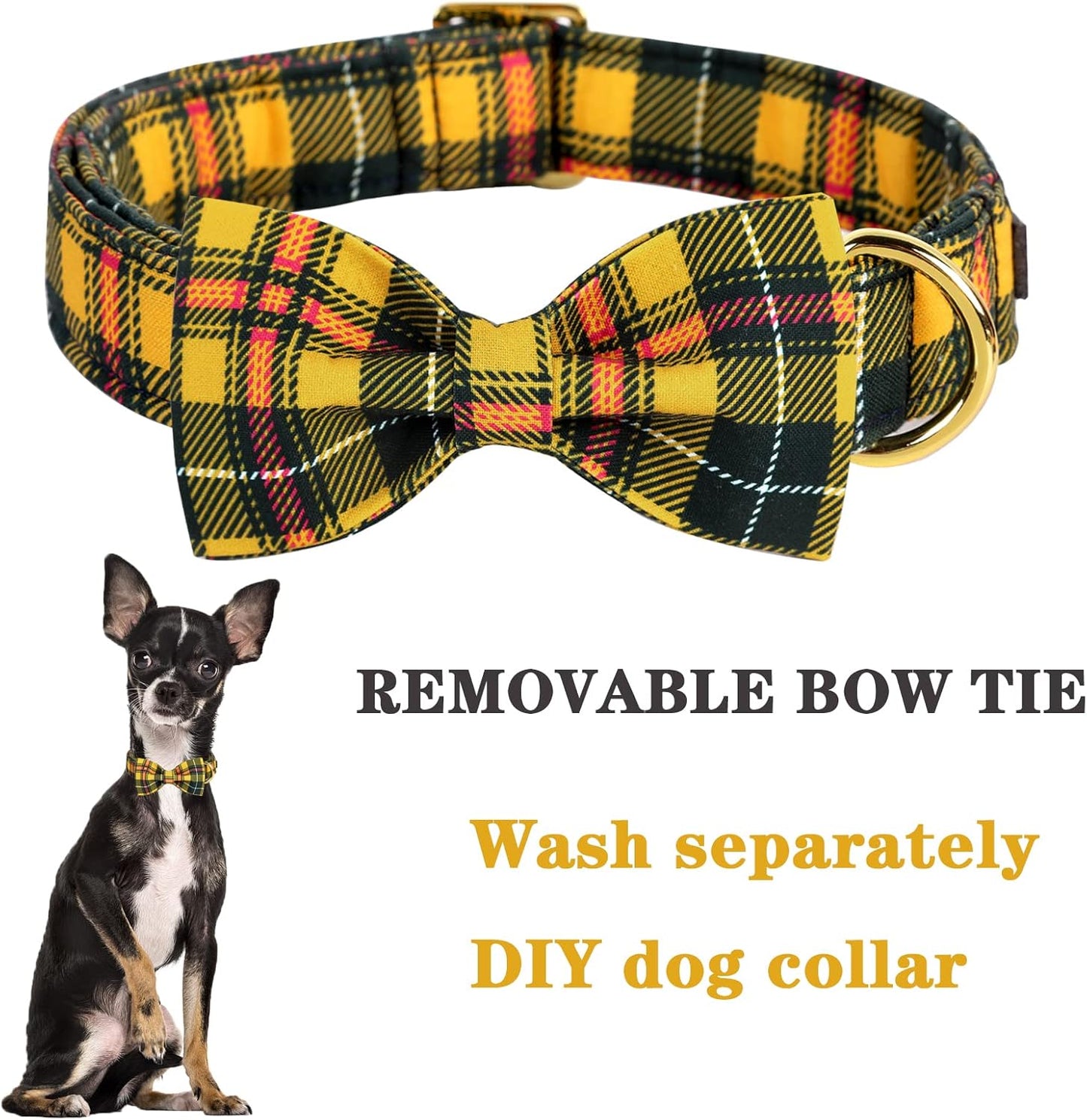 Unique style paws Bowtie Dog Collar Cotton Plaid Collar Adjustable Puppy Collar for Small Medium Large Dogs-M