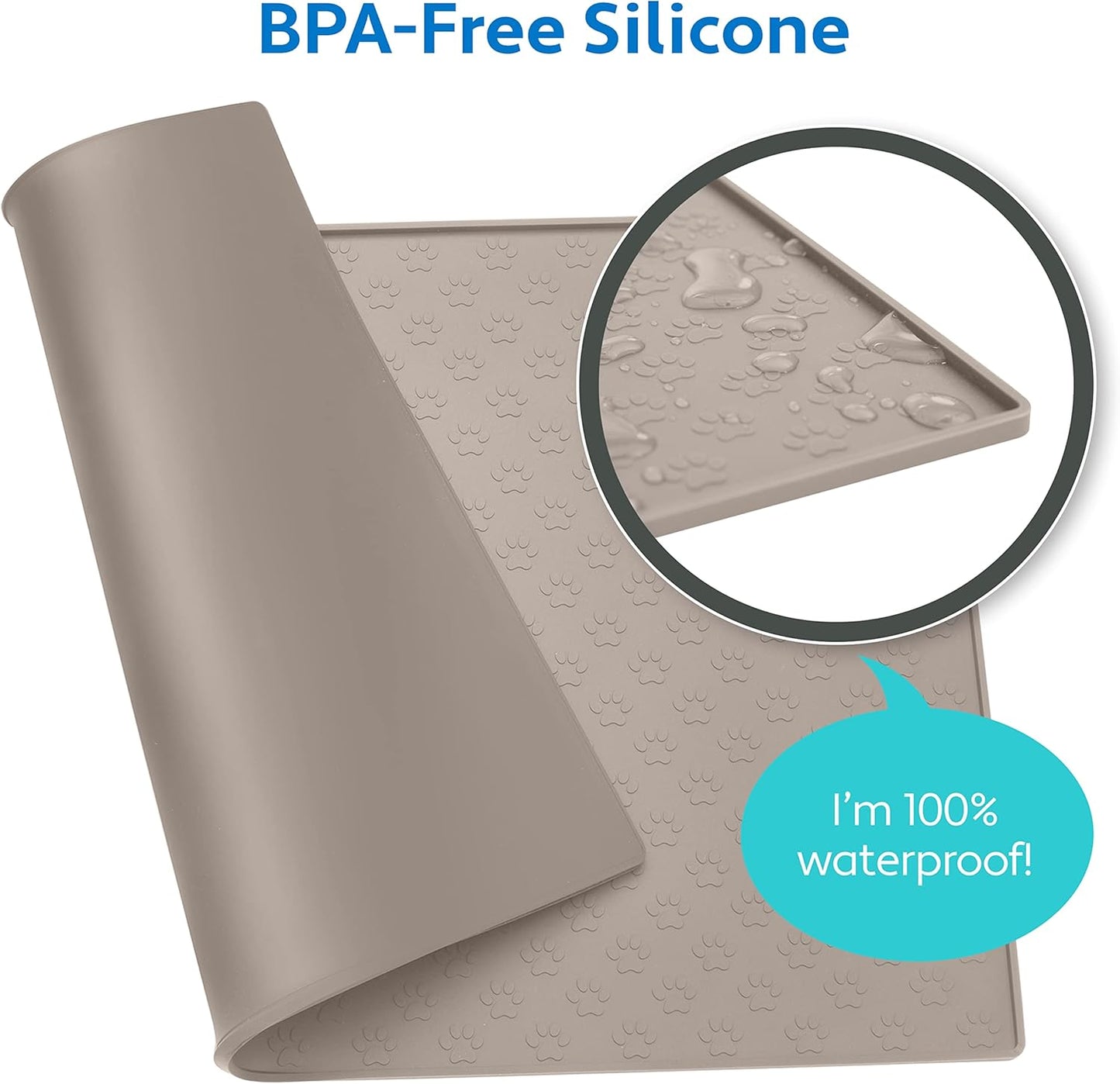 MIGHTY MONKEY 100% Waterproof Dog Food Mat, Raised Edges Silicone Pet Feeding Placemat for Cat, Dogs, Pet Bowls, High Lipped Tray Prevents Water Spills, Food on Floor, Dishwasher Safe, 18x12, Beige