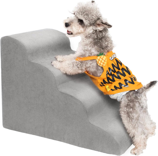 MEWANG Dog Stairs for Small & Medium Dogs and Old Cats –3/4/ 5 Steps High-Density Foam Pet Ramp for Bed & Couch, Non-Slip, Washable Cover, Grey (Round Corner, 4 Steps: 23.94''×18.27''×14.96'', 2)