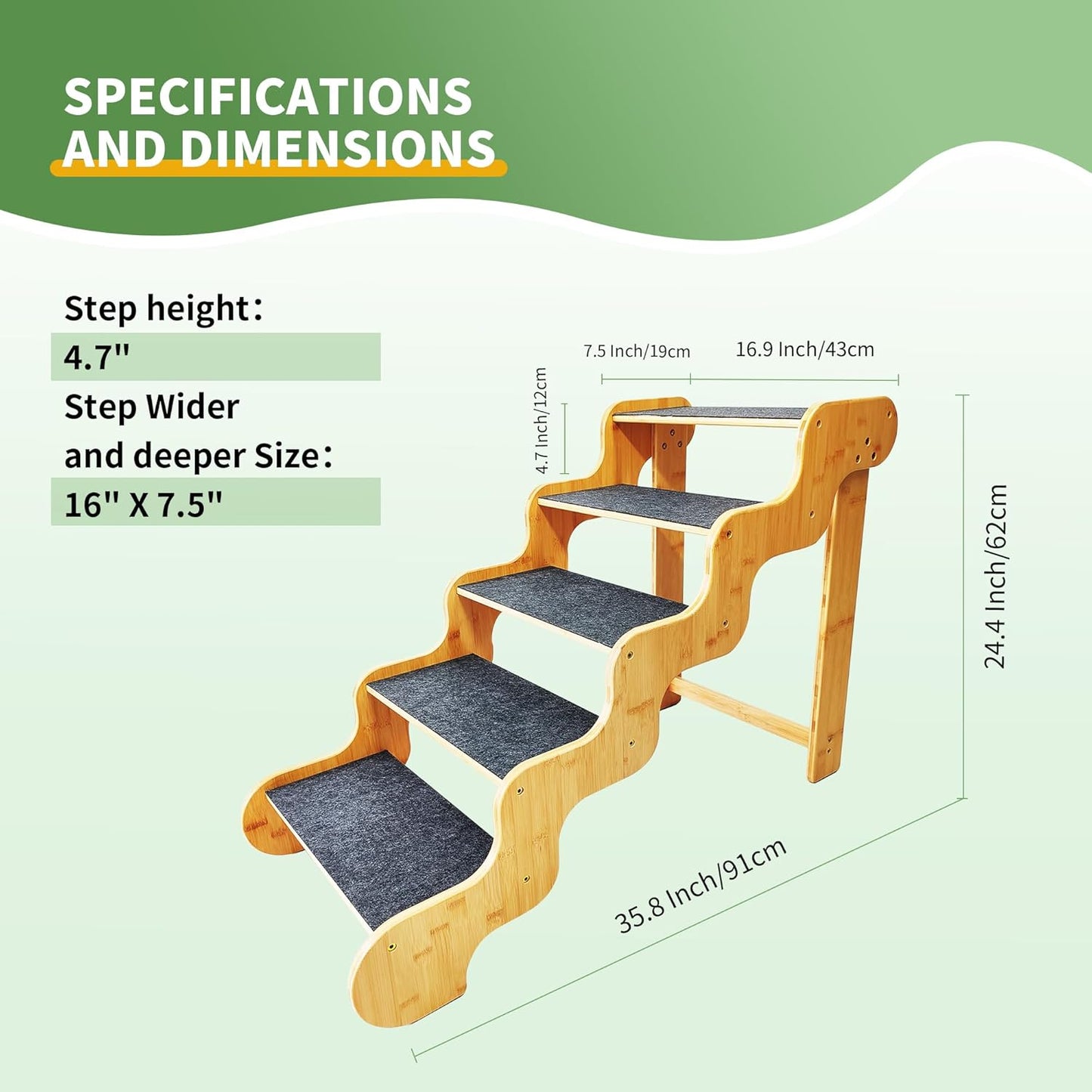 Dog Steps for Bed,24 Inches 5 Step Dog Stairs for Senior Pets to Get On 30 Inches High Beds/Car,Made of Bamboo Can Support Large Dogs Weighing Up to 160 LB