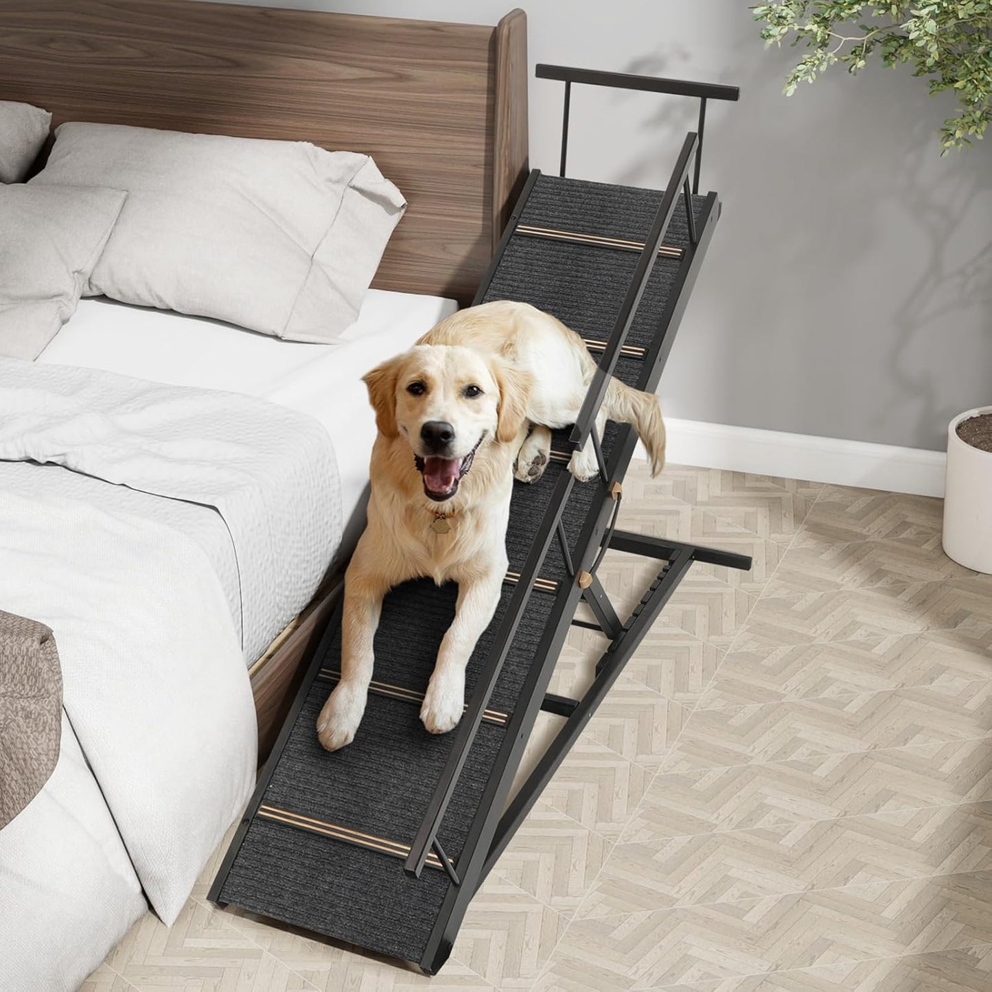 Pet Ramp Folding Portable Wooden Dog & Cat Ramps for Couch or Bed, Including Non Slip Mat & Safety Side Rails, 64.2 Inch Long and Height Adjustable from 13.4 Inch to 38 Inch Up to 110 Lbs