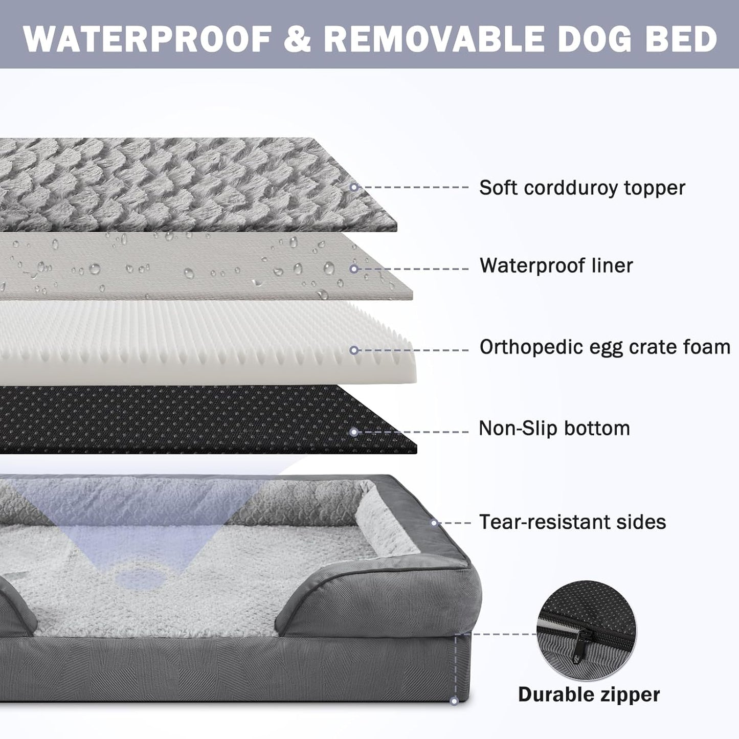 INVENHO Orthopedic Dog Beds Large Sized, XL Washable Dog Sofa with Egg-Crate Foam, Waterproof Lining and Non-Skid Bottom