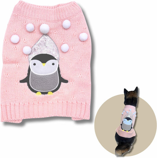Cute Sweater for Dogs and Cats Soft Flannel Pet Outfit Warm and Cozy Animal Hoodie Small to Large Pet Clothes for Halloween Parties and Everyday Wear (Large, Pink Pinguin)