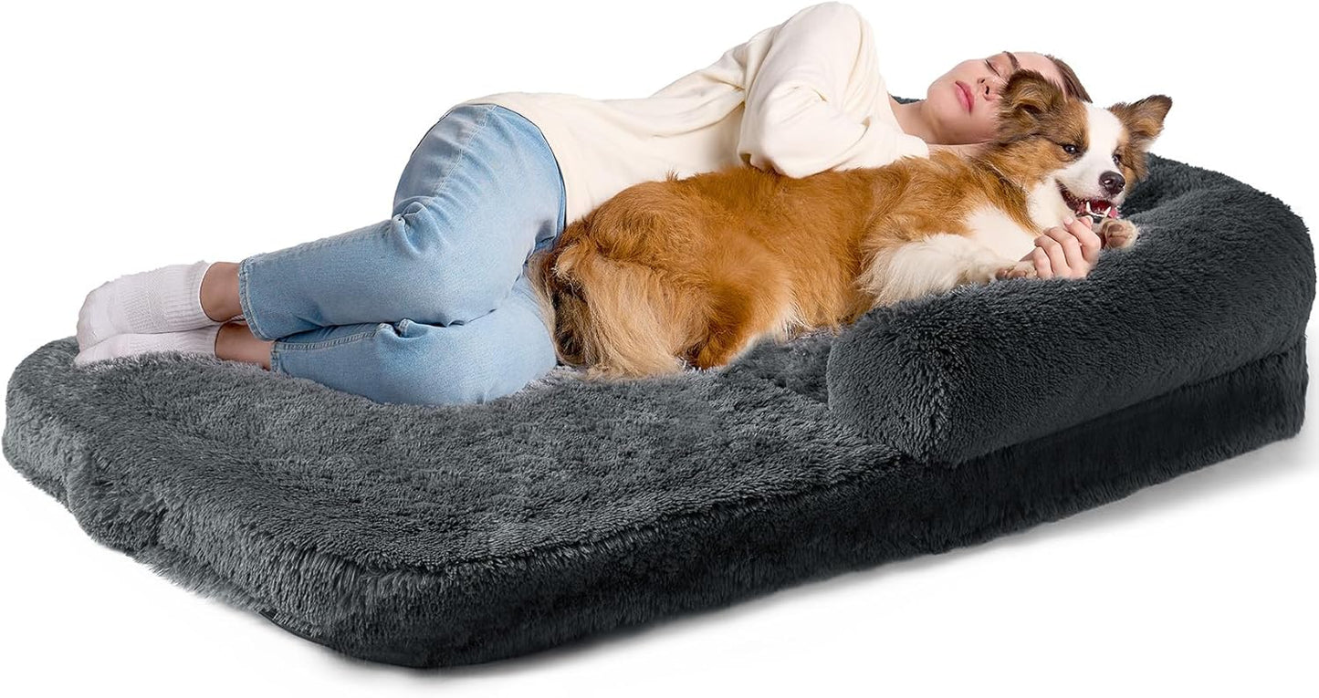 EHEYCIGA Human Dog Bed for Kids, Foldable XXL Dog Bed, Faux Fur Fluffy Pet Couch Bed, Orthopedic Calming Memory Foam Big Pet Bed, Washable Pet Sofa Bed with Non-Slip Bottom, Dark Grey, 54"x38"x7.5"