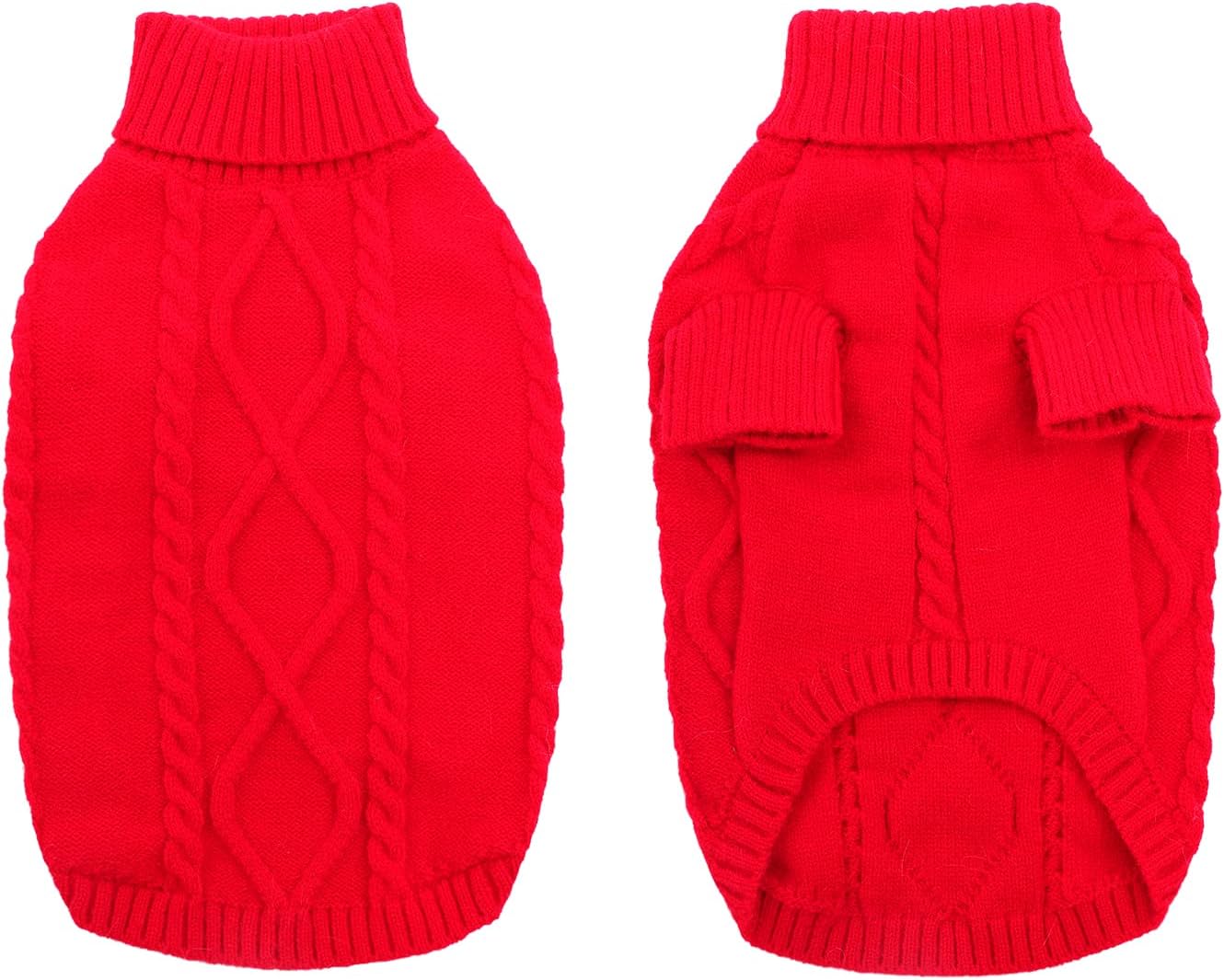 Queenmore Small Dog Pullover Sweater, Cold Weather Cable Knitwear, Classic Turtleneck Thick Warm Clothes for Chihuahua, Bulldog, Dachshund, Pug (Red, Medium)