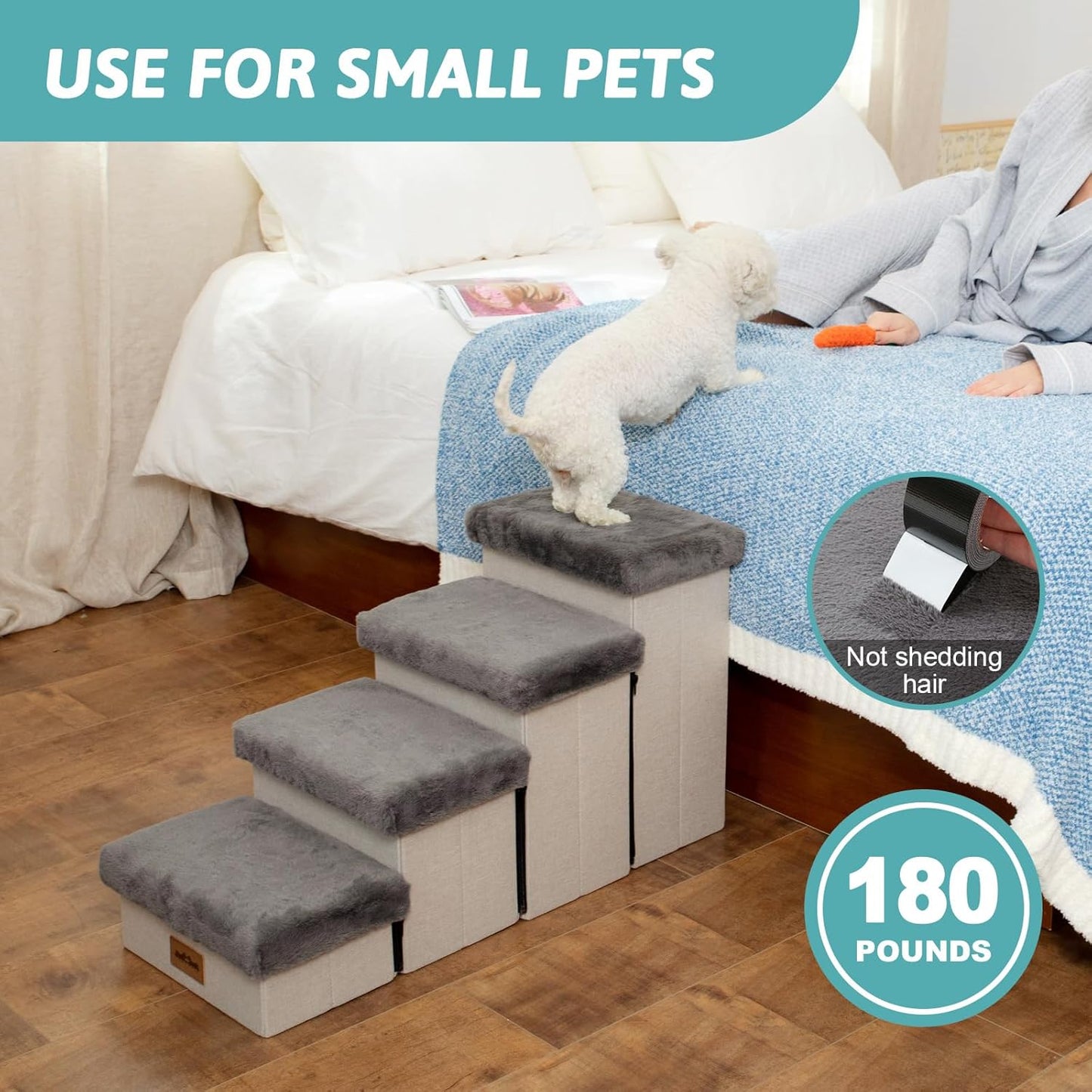 Dog Stair for Small Dogs with Storage, Foldable Pet Step with Soft Cover, Older Cat Ramp for Chair Couch Sofa, Lightweight, Durable, Comfort, 33x13x17.7 inch, 4 Tiers Grey