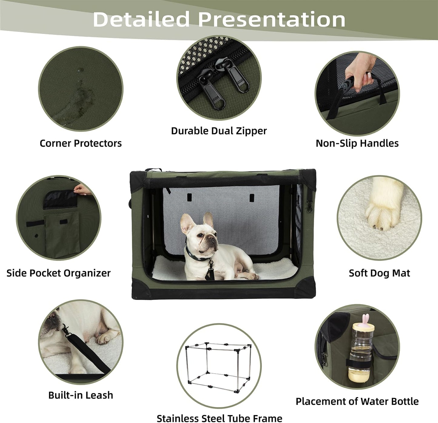 Pettycare Portable Travel Dog Crate 4-Door Soft Sided 42 Inch Collapsible Dog Crate with Curtains Durable Mesh Foldable Pet Kennel Soft Crates for Large Dogs Indoor & Outdoor Olive Green