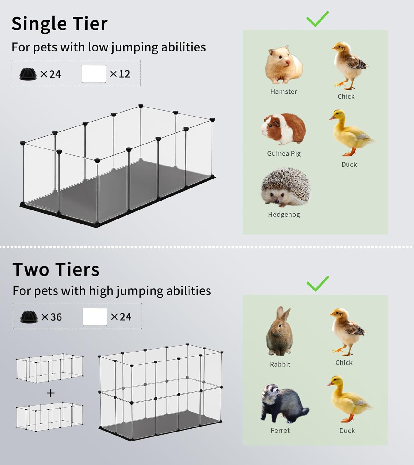 Small Animal Playpen, Guinea Pig Cages with Waterproof Mat, 24 Panels Pet Playpen for Hamsters, Hedgehog, Bunny, Ferret, Indoor Outdoor Plastic Fence, 48.5 x 24.8 x 32.3 inches