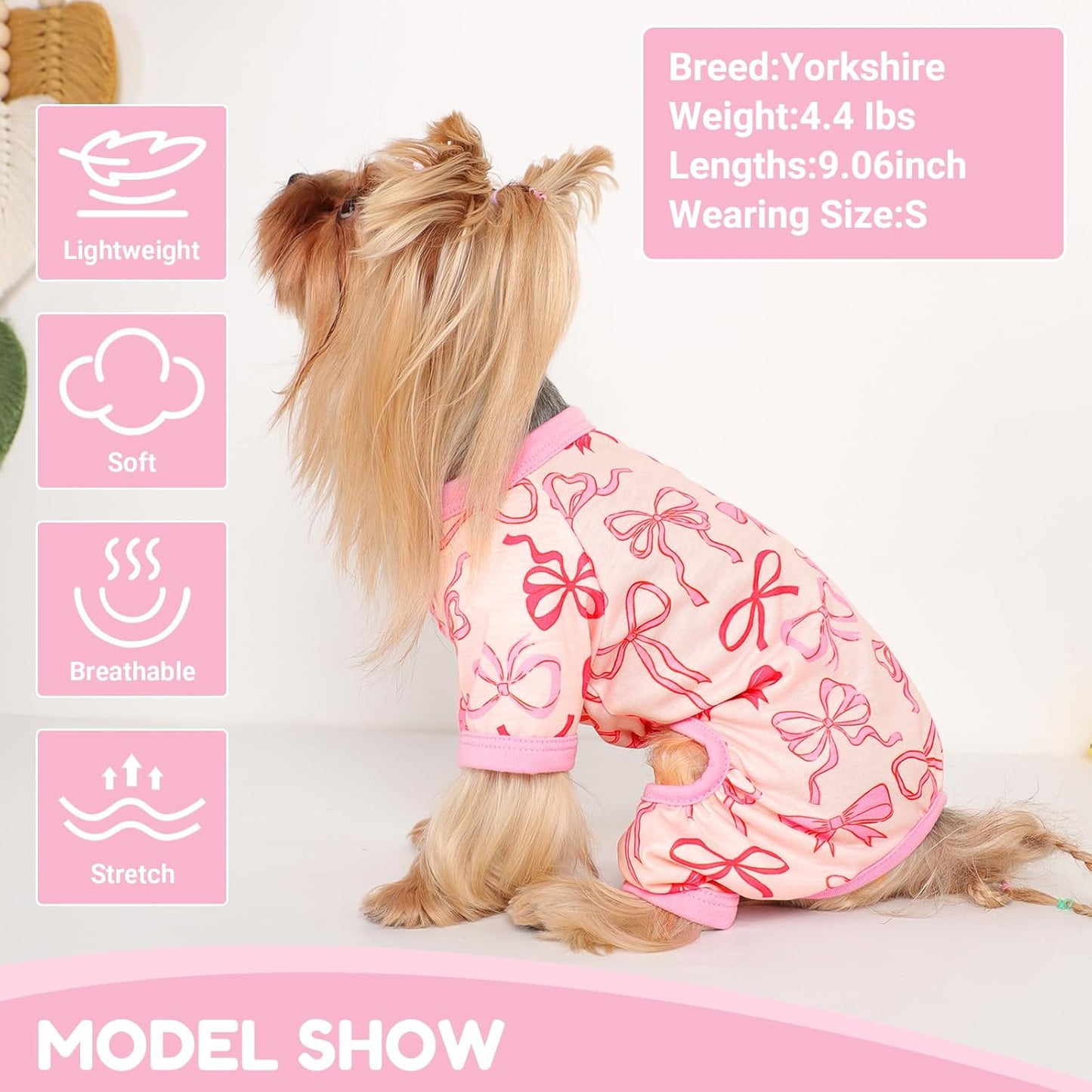 Dog Pajamas Small Sized Dogs Stretchable Summer Dog Clothes Pjs 4 Legs Girl Boy Cute Soft Puppy Outfits Doggie Cat Jammies Jumpsuit Sleeper for Pet (Bow Tie, Large)