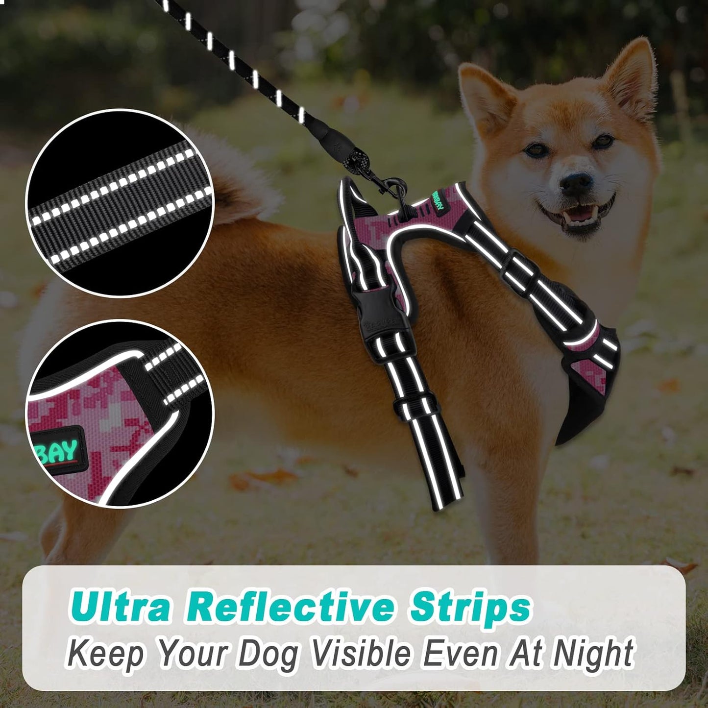 BARKBAY No Pull Dog Harness Large Step in Reflective Dog Harness with Front Clip and Easy Control Handle for Walking Training Running(Pink camo,L)