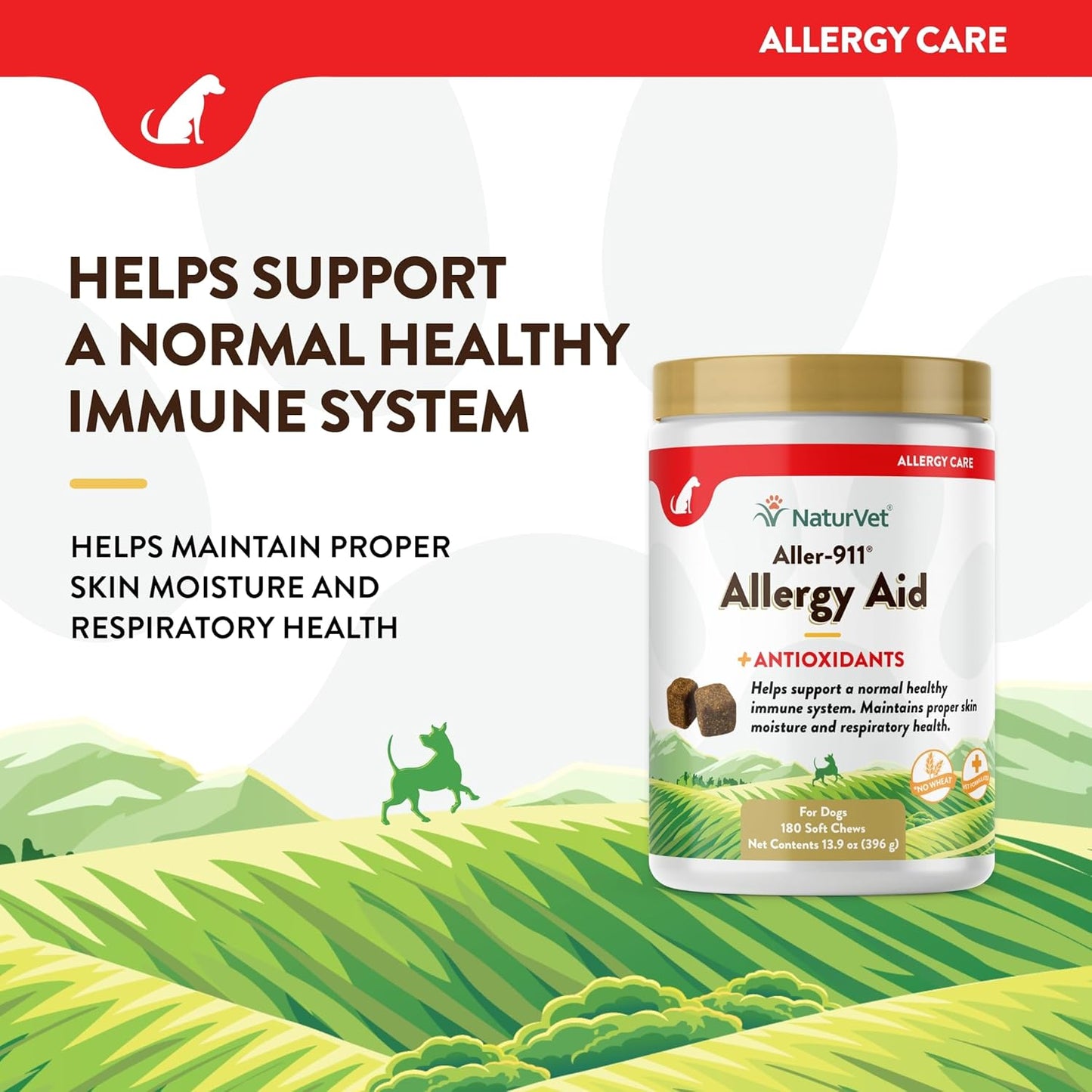 NaturVet Aller-911 Advanced Allergy Aid for Dogs, Cats – Antioxidant-Rich Pet Supplement with Omegas, DHA, EPA – Helps Support Dog Immune System, Cat Respiratory Health, Skin Moisture 180 Soft Chews