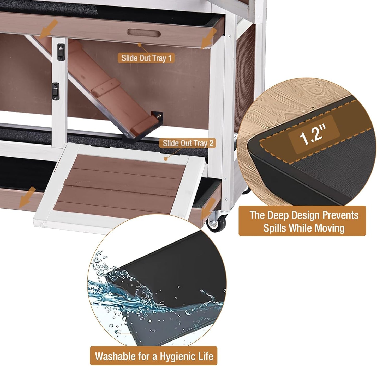 Rabbit Hutch Indoor Outdoor, Bunny Cage with Casters, Guinea Pig Cage Bunny Hutch with Two Plastic Trays 36inch-Brown