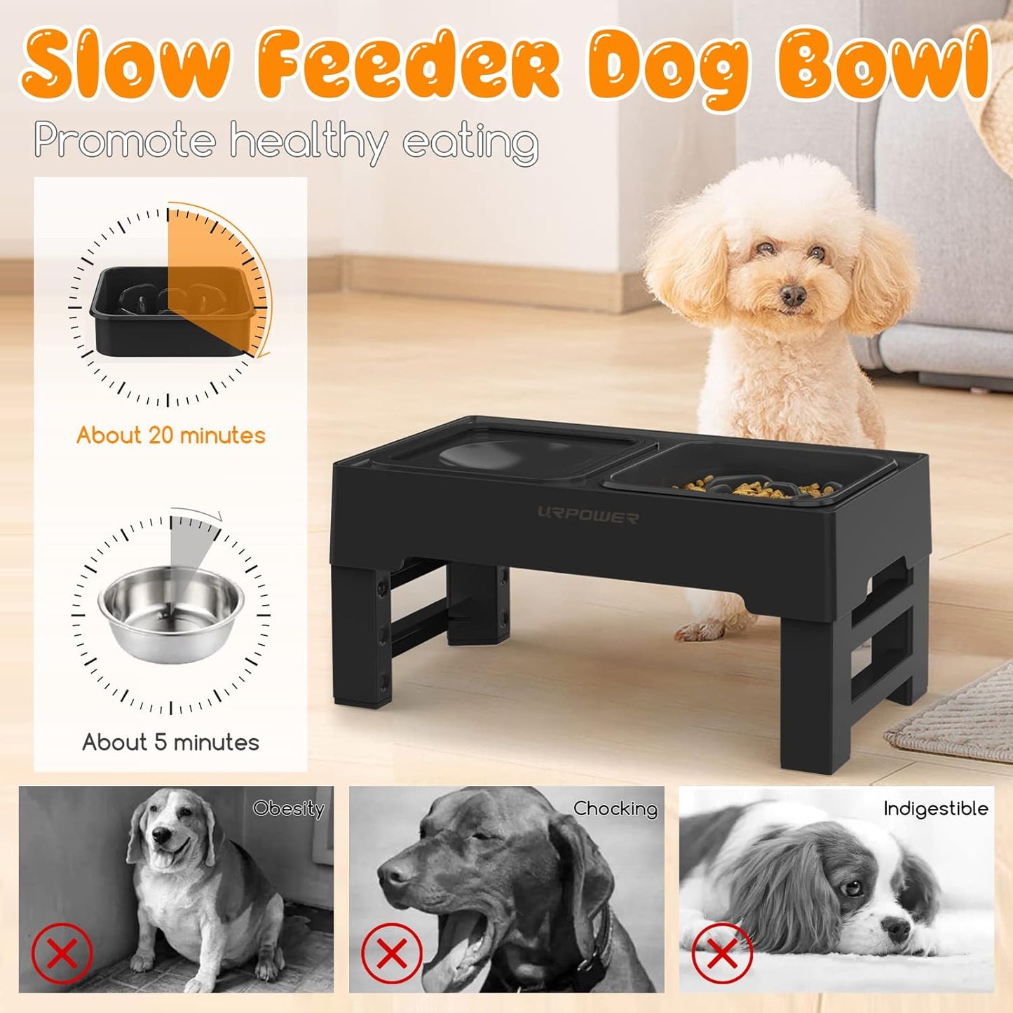 URPOWER 2-in-1 Elevated Slow Feeder Dog Bowls with No Spill Dog Water Bowl 4 Height Adjustable Raised Dog Bowl Non-Slip Dog Food and Water Bowls with Stand for Small Medium Large Dogs, Cats and Pets
