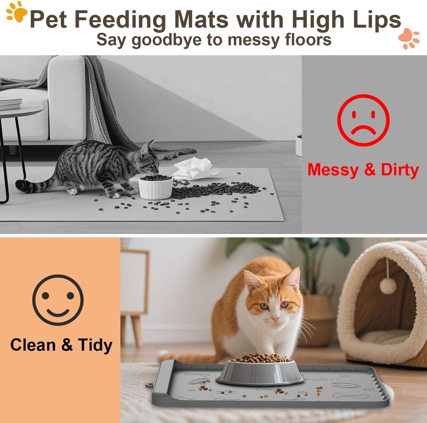 Dog Food Mat - Silicone Dog Mat for Water - 19" x 12" Pet Feeding Mats with Residue Collection Pocket - Waterproof Cat Bowl Mat with High Edges to Prevent Water Food Spills (Gray)