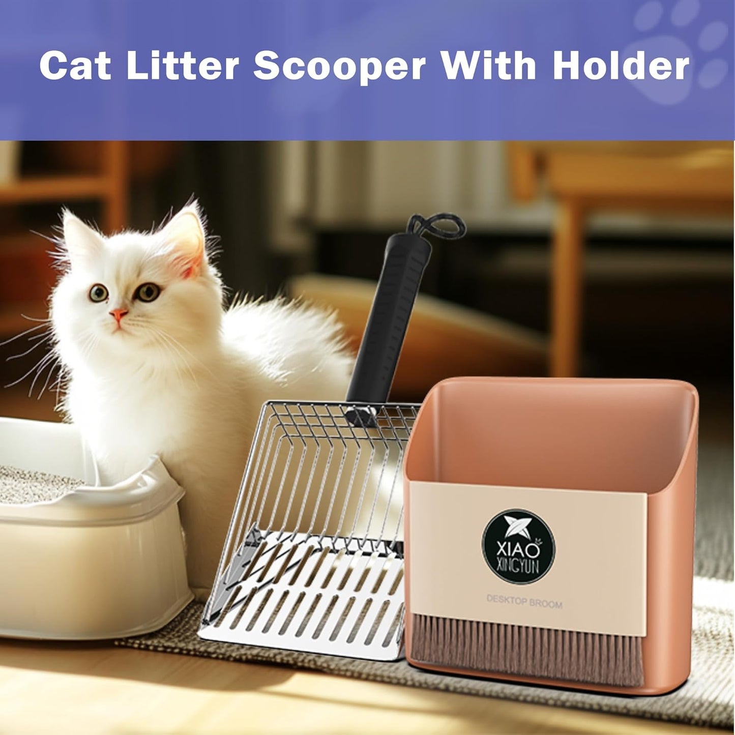 Cat Litter Scooper with Holder, Metal Litter Scoop Includes Portable Small Broom and Dustpan Set, Heavy Duty Stainless Steel Litter Scoop with Coarse and Fine Grid, Quick Sift and Easy Clean