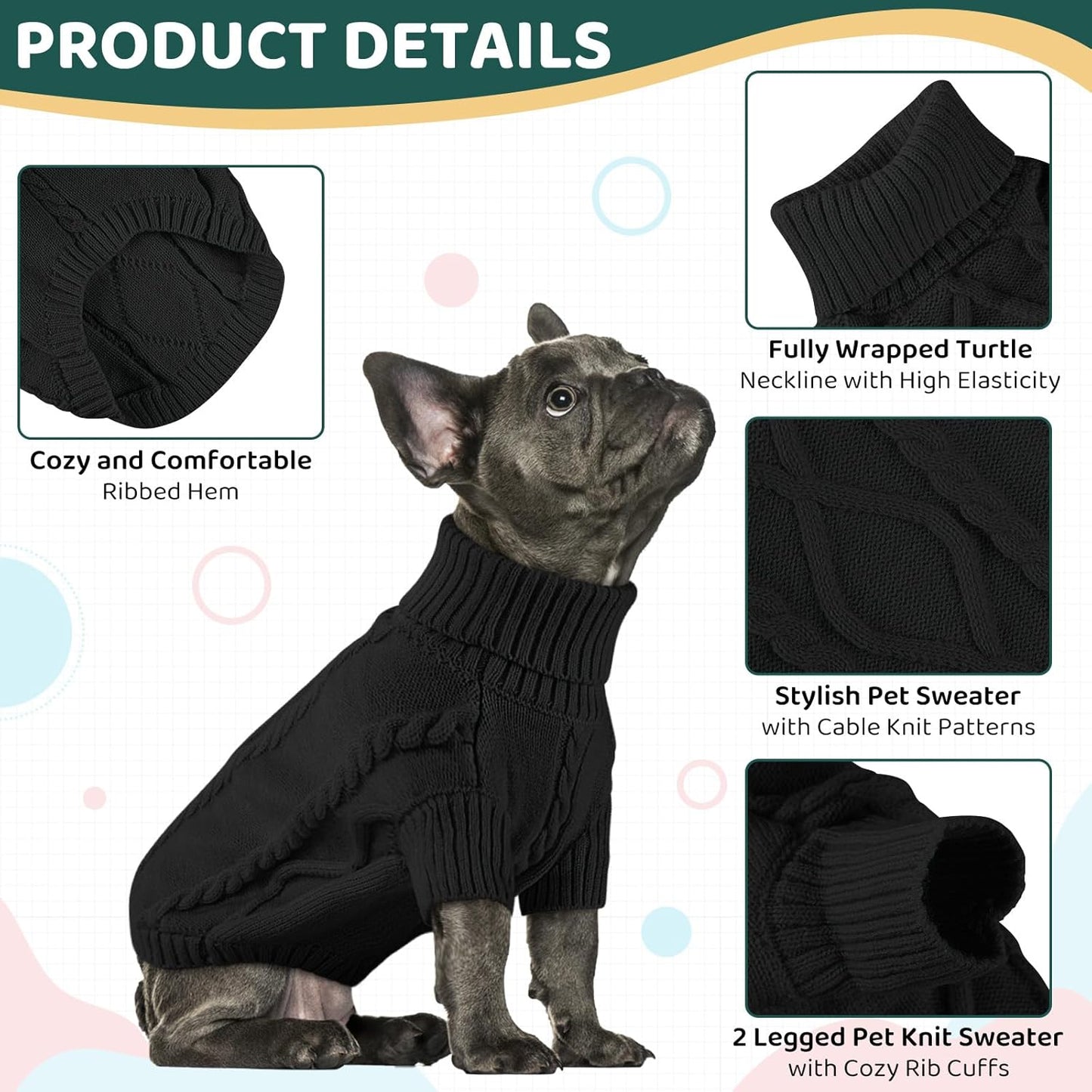 Queenmore Small Dog Pullover Sweater, Cold Weather Cable Knitwear, Classic Turtleneck Thick Warm Clothes for Chihuahua, Bulldog, Dachshund, Pug (Black, Medium)