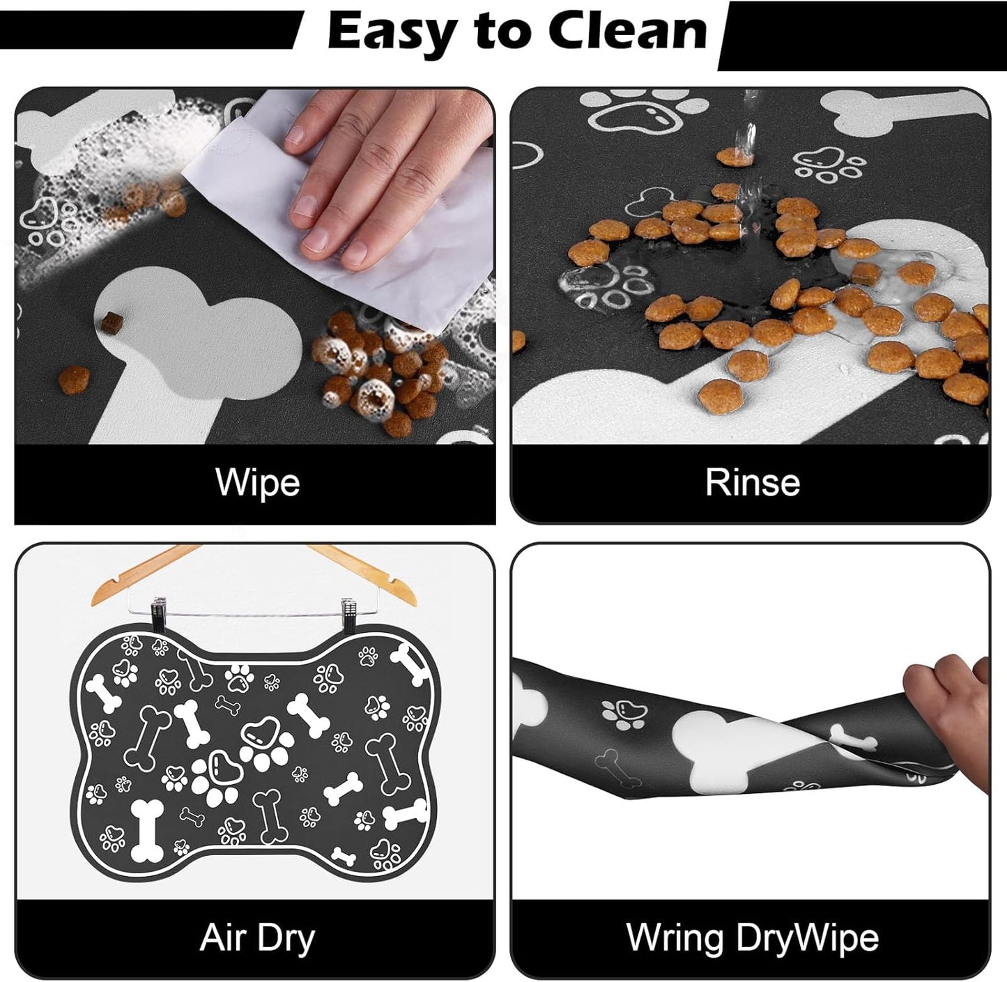 Dog Cat Food Mat,Rapid Absorbent Pet Feeding Mat, Bone Shaped Dog Placemat Water Bowl Mat with Rubber Backing,No Stains Dog Cat Food Mats Indoor, Pet Accessories Supplies 17"×29" Black