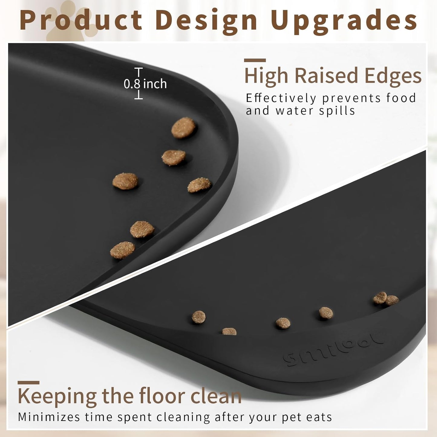 Silicone Pet Feeding Mat with Raised Edge & Residue Collection Pocket for Food and Water, Dog Bowl Mats, Cat Bowls Placemat with High Lip for Floor Waterproof, 24 x 16 x 0.8 Black